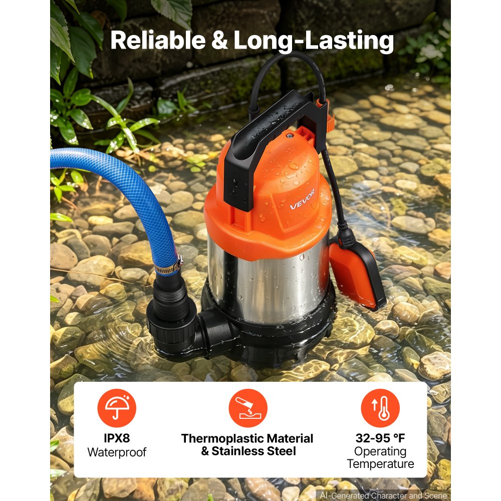 VEVOR Dompelpomp 750 W 20.000 l/u 9 m opvoerhoogte. Ideaal voor zwembaden, kelders en vijvers. Automatische vlotterschakelaar, thermoplastisch materiaal en 3 m stroomkabel. Waterdicht tot IPX8.