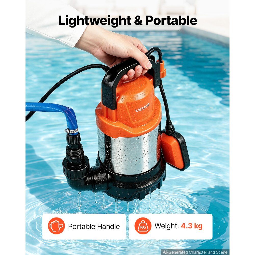 VEVOR Dompelpomp 750 W 20.000 l/u 9 m opvoerhoogte. Ideaal voor zwembaden, kelders en vijvers. Automatische vlotterschakelaar, thermoplastisch materiaal en 3 m stroomkabel. Waterdicht tot IPX8.