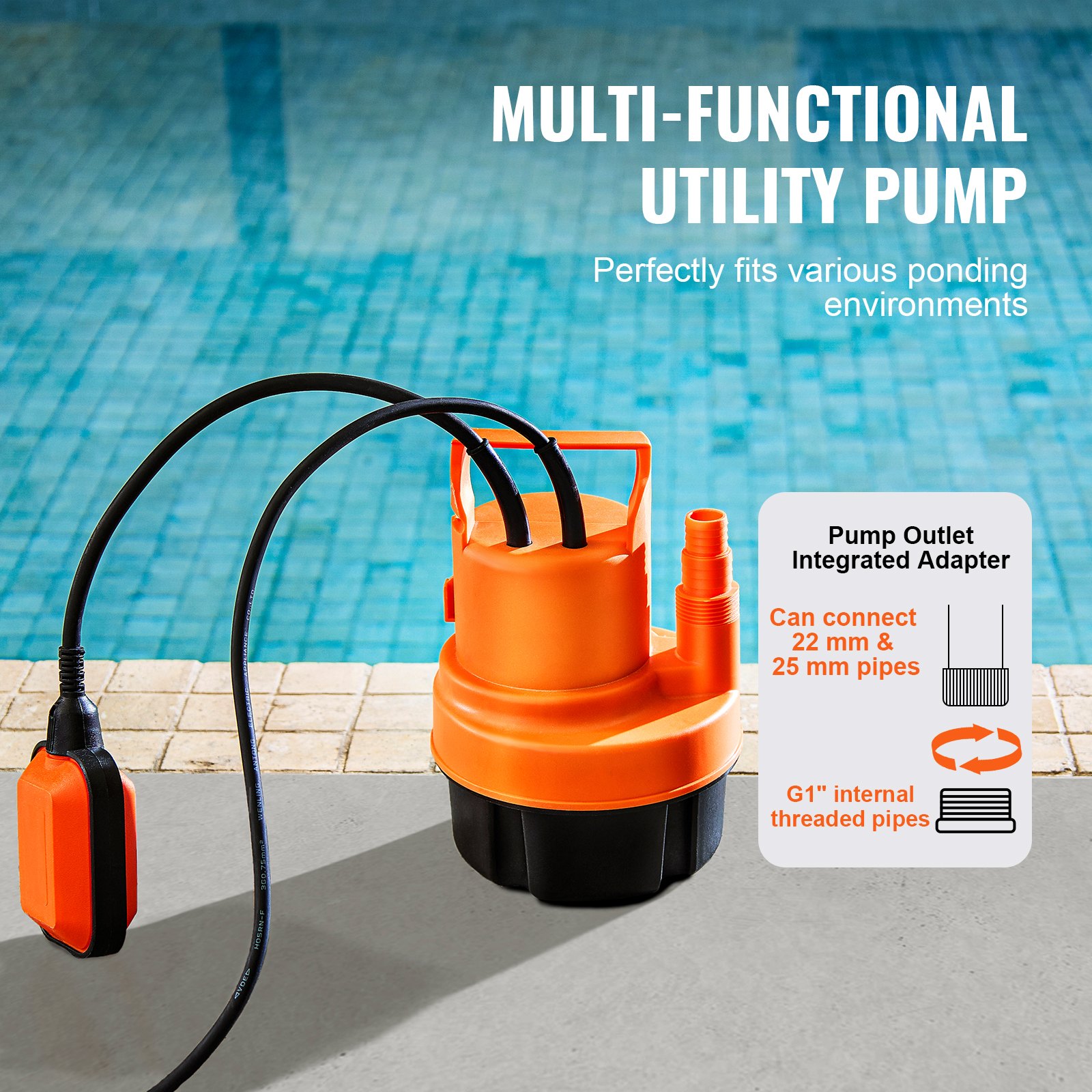 VEVOR Utility Pump, 320W, 1585 GPH High Flow, 23 ft Head, Sump Pump Submersible Water Pump Portable Utility Pump with 10 ft Long Power Cord for Draining Water from Swimming Pool Garden Pond Basement