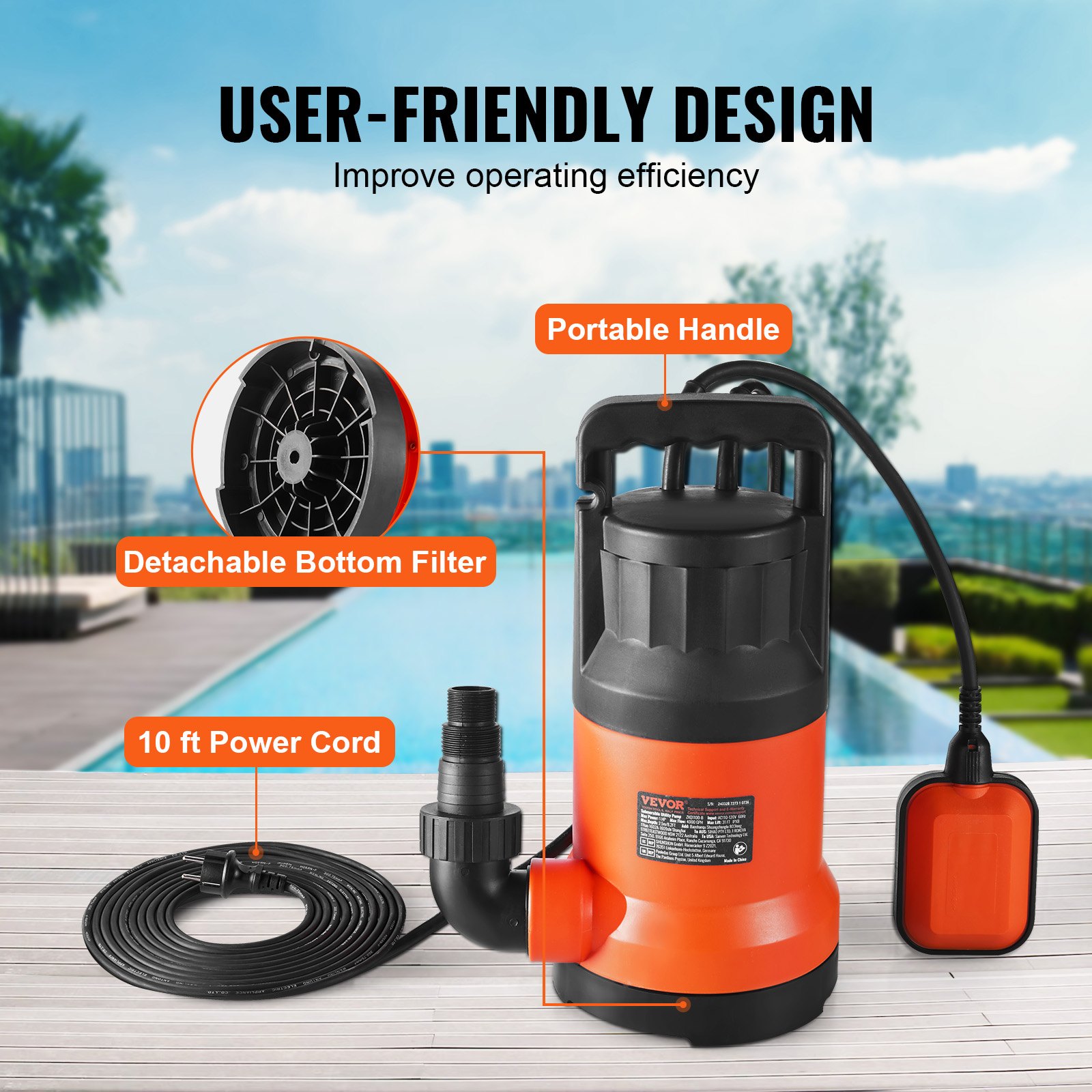 VEVOR Utility Pump, 400W, 2510 GPH High Flow, 26 ft Head, Sump Pump Submersible Water Pump Portable Utility Pump with 10 ft Long Power Cord for Draining Water from Swimming Pool Garden Pond Basement