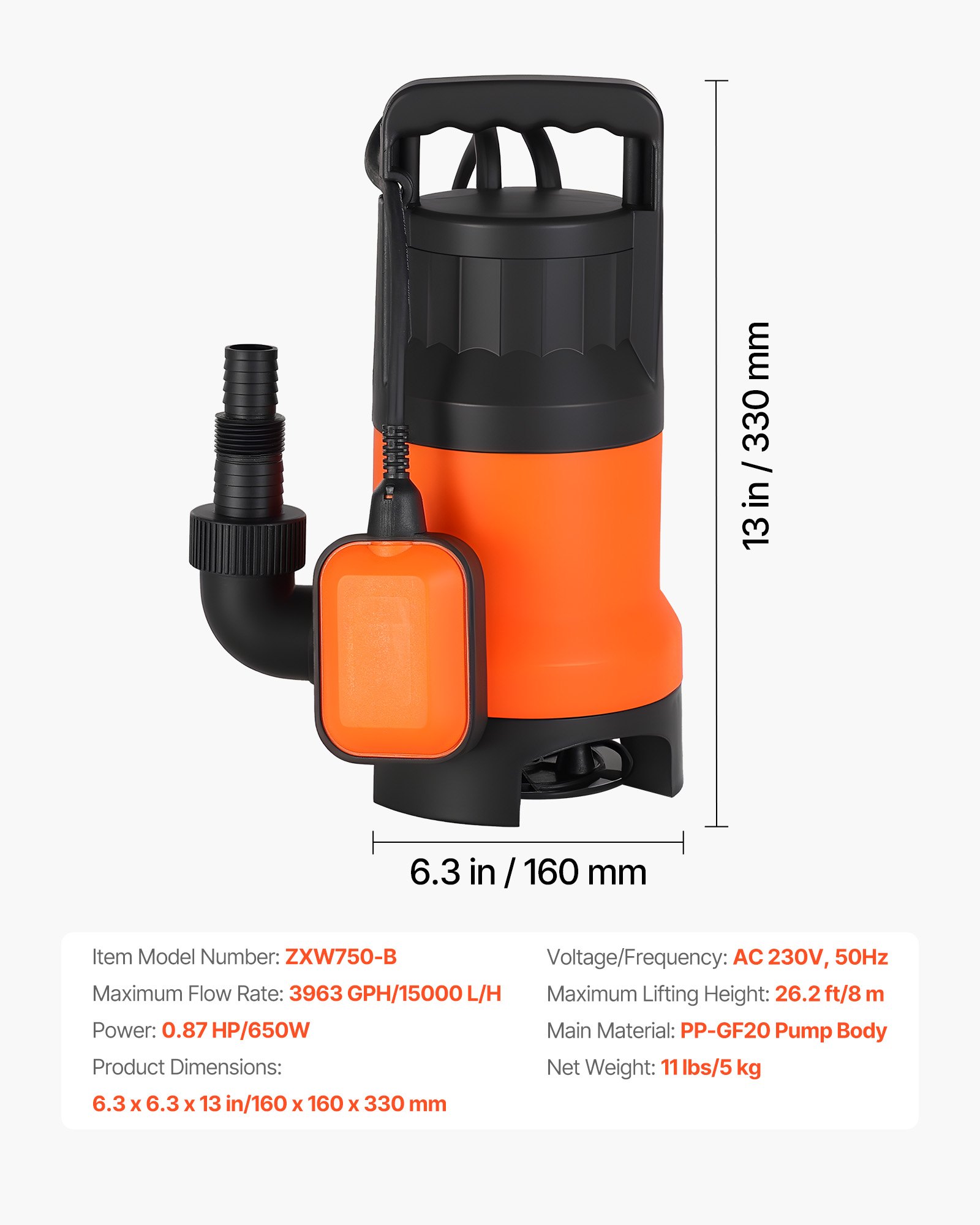 VEVOR 650W dompelpomp, 15.000 l/u, PP-GF20 vuilwaterpomp voor afvalwater, vuil water en schoon water met automatische vlotterschakelaar, opvoerhoogte 8 m, voor zwembaden, vijvers en overstroomde gebieden