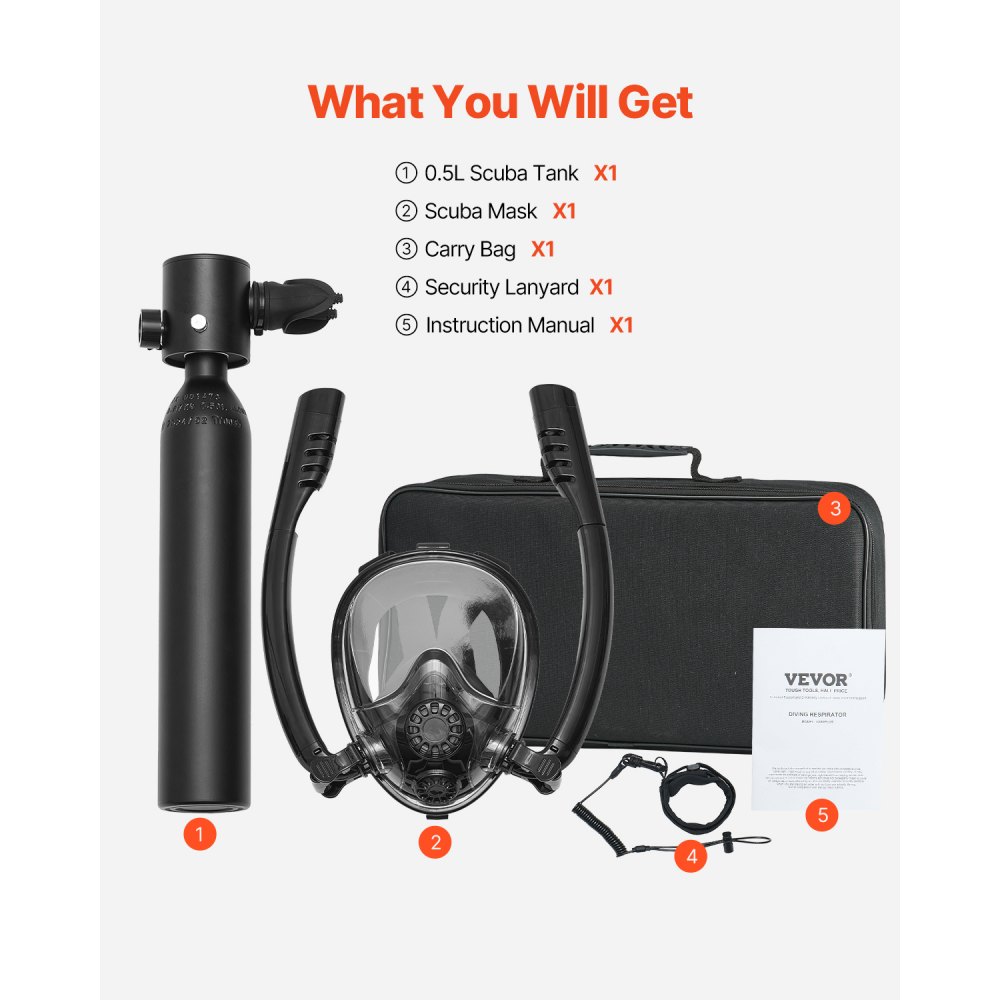 VEVOR Scuba Tank, 0.5L Portable Scuba Diving Tank, Diving Oxygen Cylinder Supports 5-10 Minutes Underwater Breathing, 32.81 ft Diving Depth, Lung Tank Kit with Snorkel Mask for Underwater Exploration