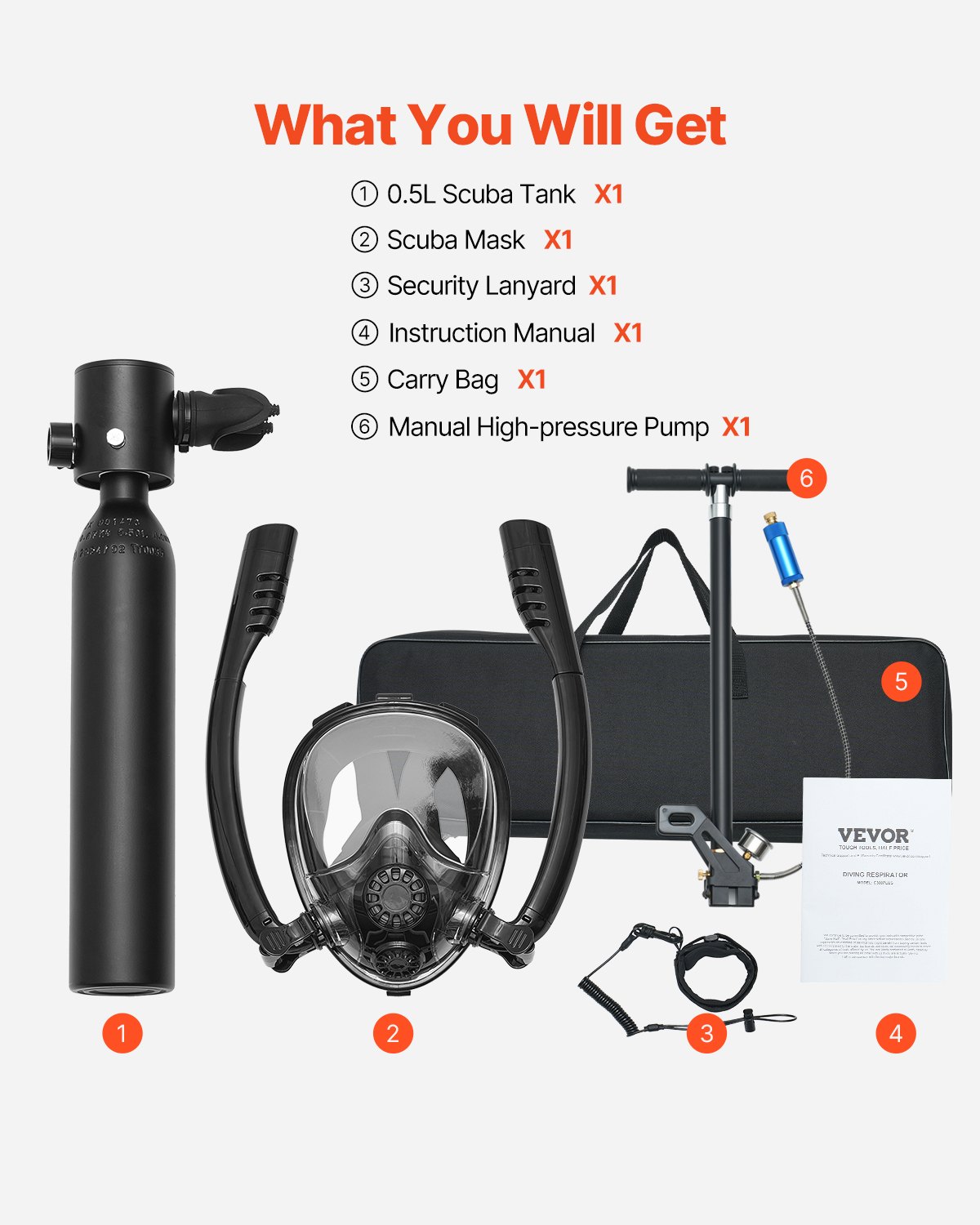 VEVOR Scuba Tank, 0.5L Portable Diving Tank, Diving Oxygen Cylinder with Pump Supports 5-10 Minutes Underwater Breathing, 32.81 ft Diving Depth, Refillable Snorkel Air Tank for Underwater Exploration