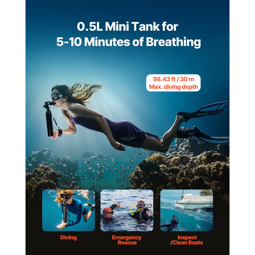 VEVOR Scuba Tank, 0.5L Portable Scuba Diving Tank, Diving Oxygen Cylinder Supports 5-10 Minutes Underwater Breathing, 98.43 feet Diving Depth, Lung Tank Kit for Underwater Exploration / Rescue