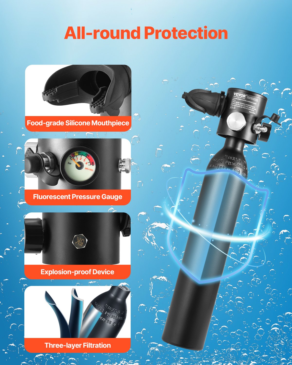 VEVOR Scuba Tank, 0.5L Portable Scuba Diving Tank, Diving Oxygen Cylinder Supports 5-10 Minutes Underwater Breathing, 98.43 feet Diving Depth, Lung Tank Kit for Underwater Exploration / Rescue