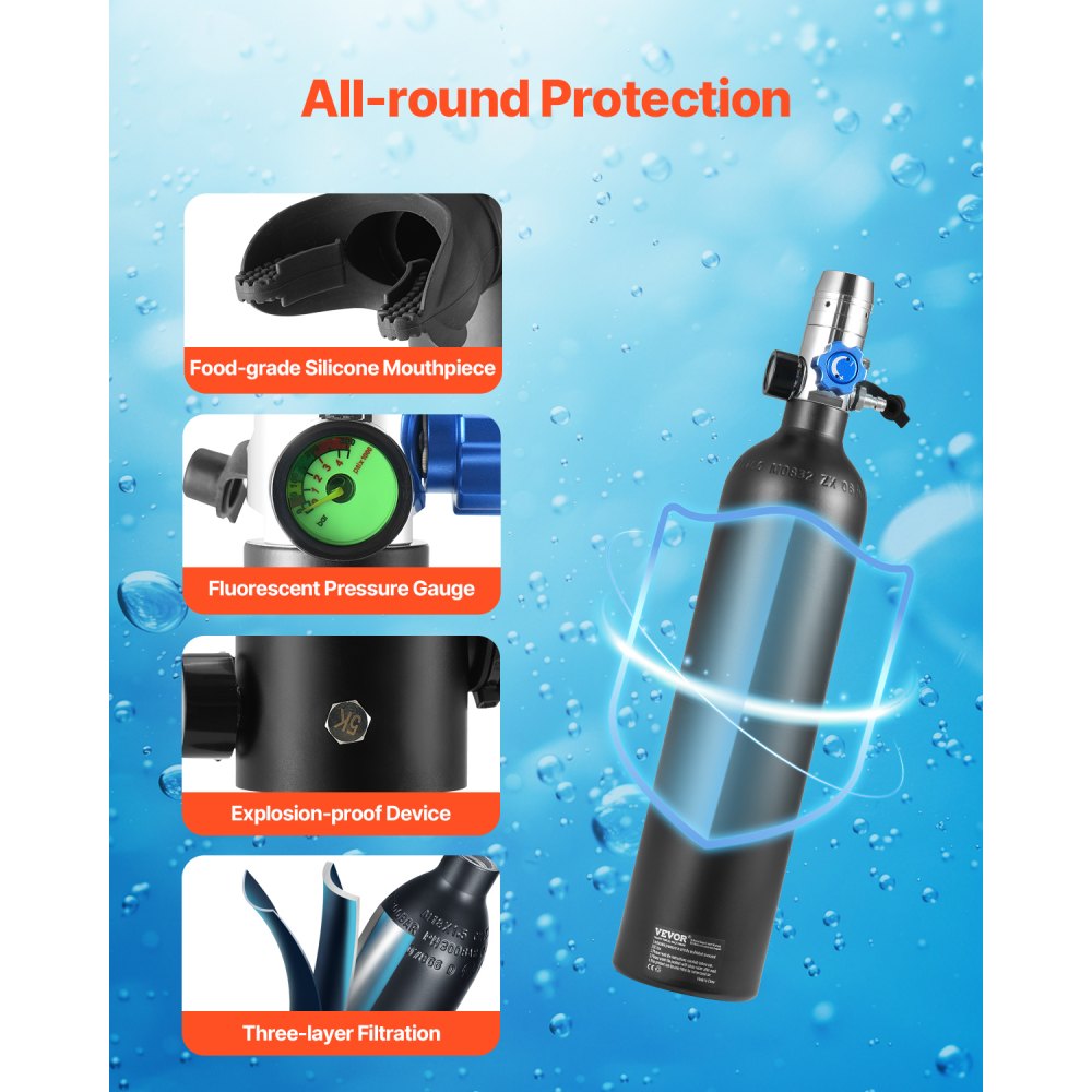 VEVOR Scuba Tank, 1L Portable Diving Tank, Diving Oxygen Cylinder Support 15-20 Minutes Underwater Breathing, 98.43 ft Diving Depth, Refillable Snorkel Air Tank with Pump for Underwater Exploration