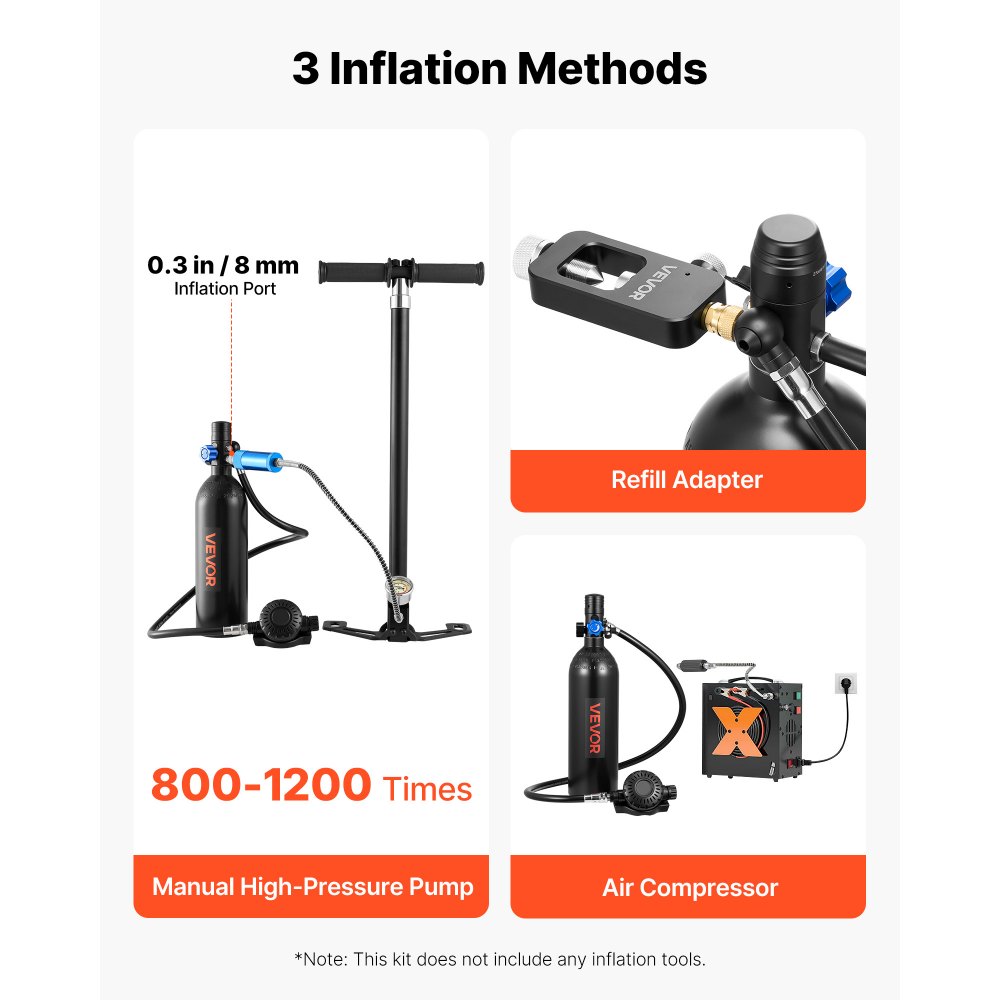 VEVOR Mini Scuba Tank, 1L Portable Diving Tank for Underwater Breathing, Reusable Lung Diving Cylinder up to 20 Minutes Dive Time, Emergency Rescue Pony Bottle with Backpack & Goggles for Snorkeling