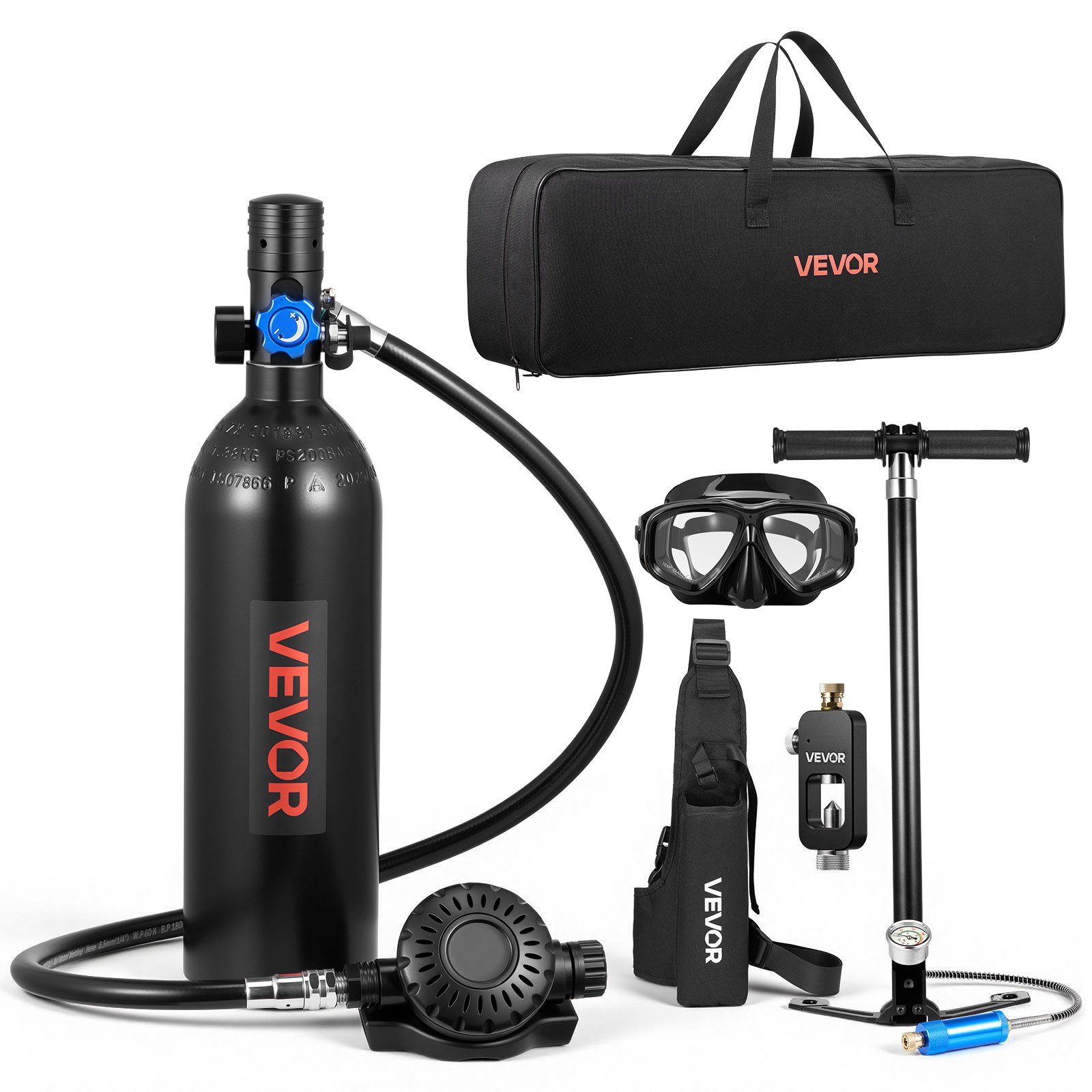 VEVOR Mini Duikfles 1 L, Draagbare Longfles voor onderwaterademhaling, Herbruikbare zuurstofcilinder voor maximaal 20 minuten duiktijd, Duikuitrusting met adapter en snorkelmasker