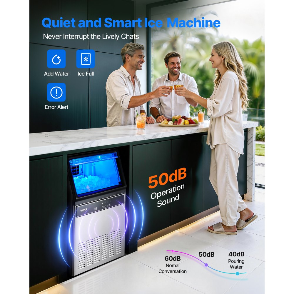 VEVOR Commercial Ice Maker Machine, 54.4 kg/24H Ice Production, 15 kg Storage Bin, 45 Cubes per Cycle, Stainless Steel Under Counter & Freestanding Ice Maker with LED Display, Self-Cleaning, for Home Bar Restaurant