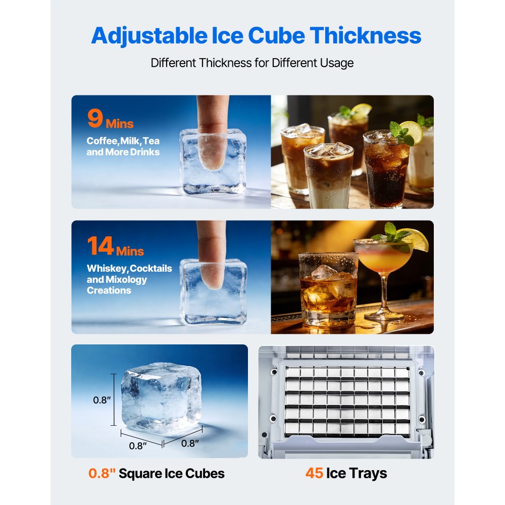 VEVOR Commercial Ice Maker Machine, 54.4 kg/24H Ice Production, 15 kg Storage Bin, 45 Cubes per Cycle, Stainless Steel Under Counter & Freestanding Ice Maker with LED Display, Self-Cleaning, for Home Bar Restaurant
