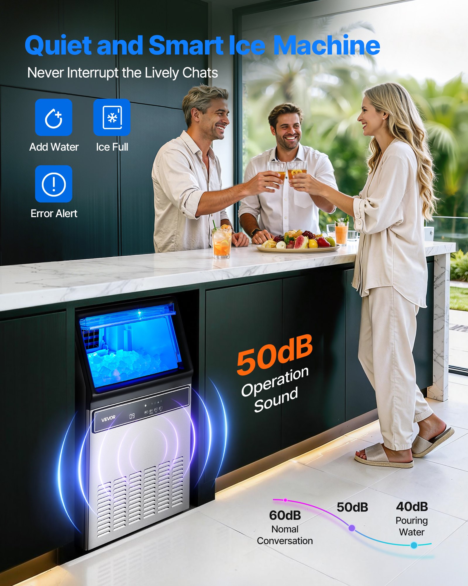 VEVOR commerciële ijsmachine, ijsblokjesmachine 59 kg/dag met 15 kg opslag, vrijstaande en onderbouwbare ijsblokjesmachine van roestvrij staal met LED-display en zelfreinigend