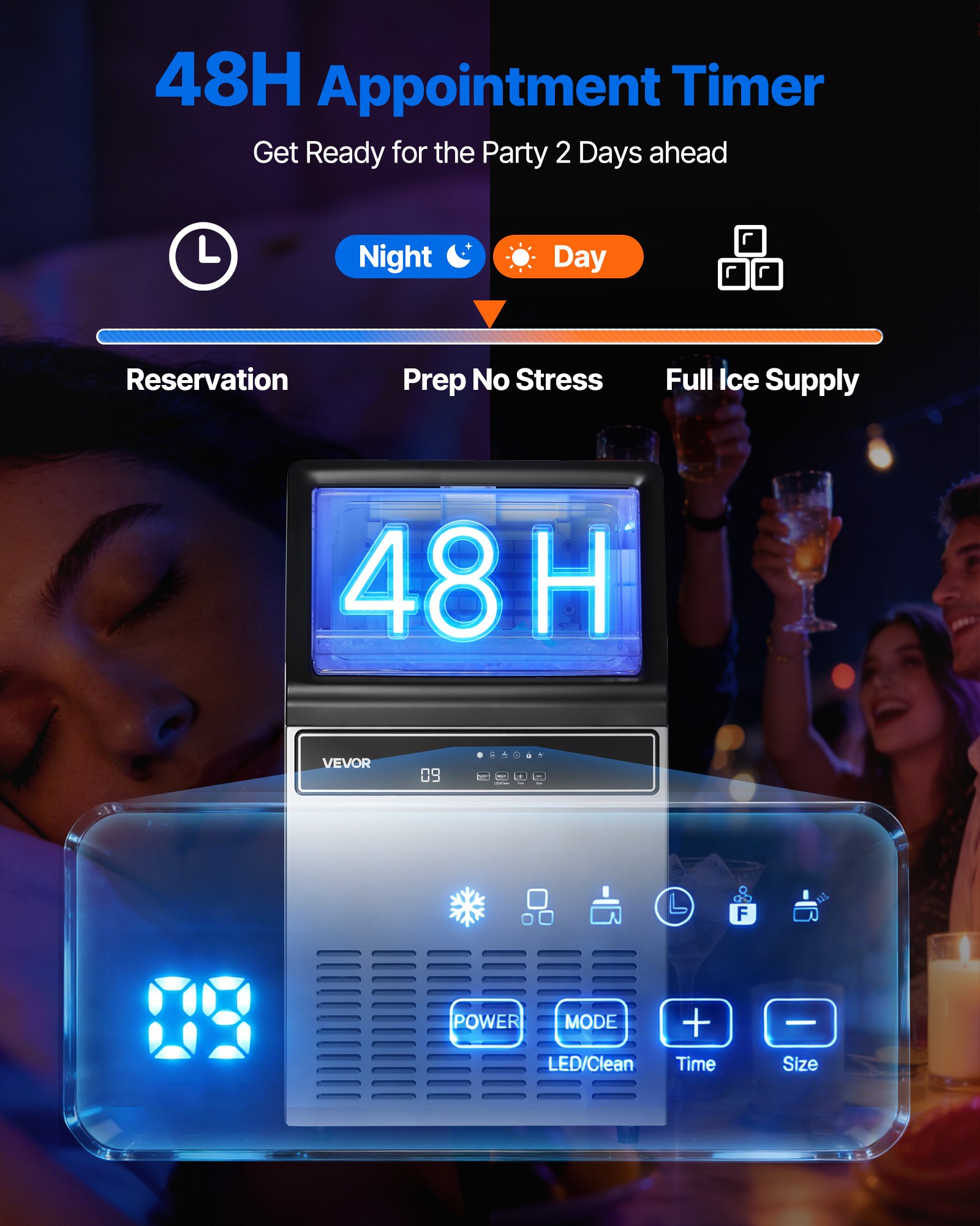 VEVOR Commercial Ice Maker Machine, 54.4 kg/24H Ice Production, 15 kg Storage Bin, 45 Cubes per Cycle, Stainless Steel Under Counter & Freestanding Ice Maker with LED Display, Self-Cleaning, for Home Bar Restaurant