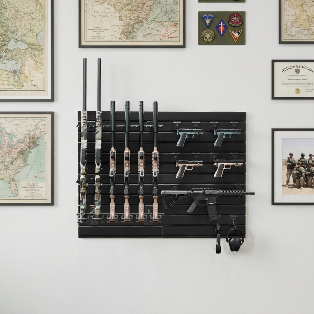 VEVOR Wandmontage Wapenrek voor 6 Geweren & 6 Pistolen & Wapenaccessoires, Geweerhouder met G-haak, Geweerrek gemaakt van koolstofstaal (frame) & PVC (achterpaneel), Modulair Wapenrek