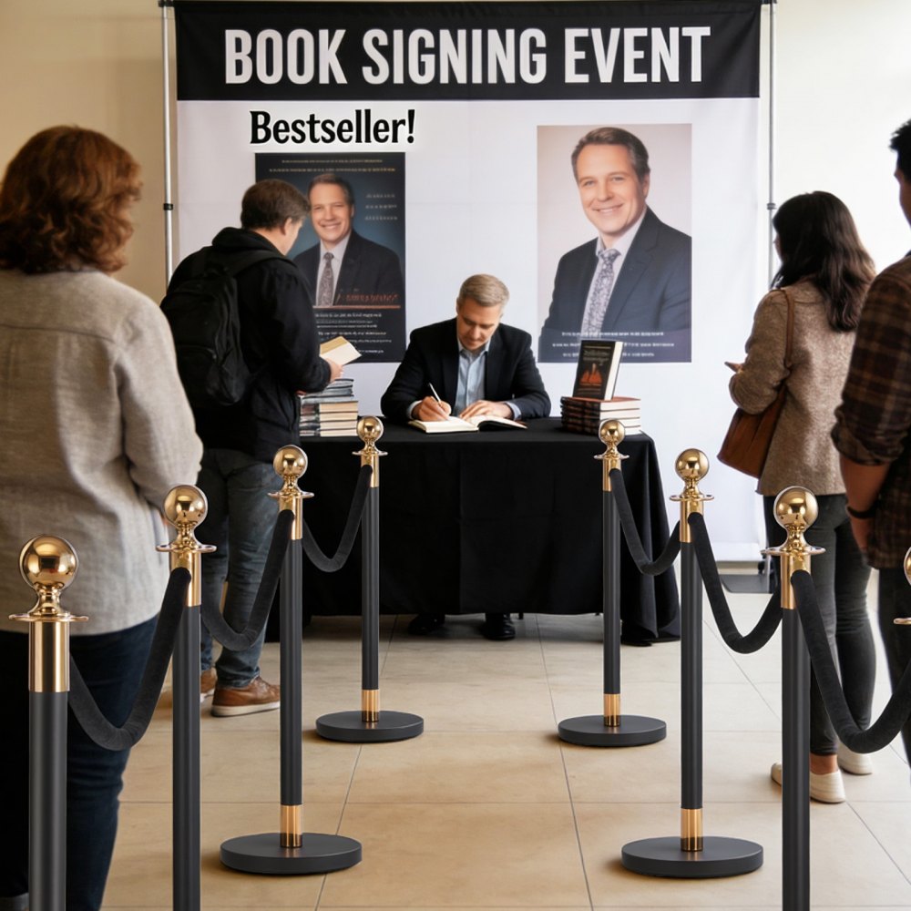 VEVOR 4-delige afzetpaalset voor crowd control met 2 zwarte fluwelen touwen (1,5 m), navulbare voet, geschikt voor concerten, tentoonstellingen, hotels, bioscopen en beursbeheer.