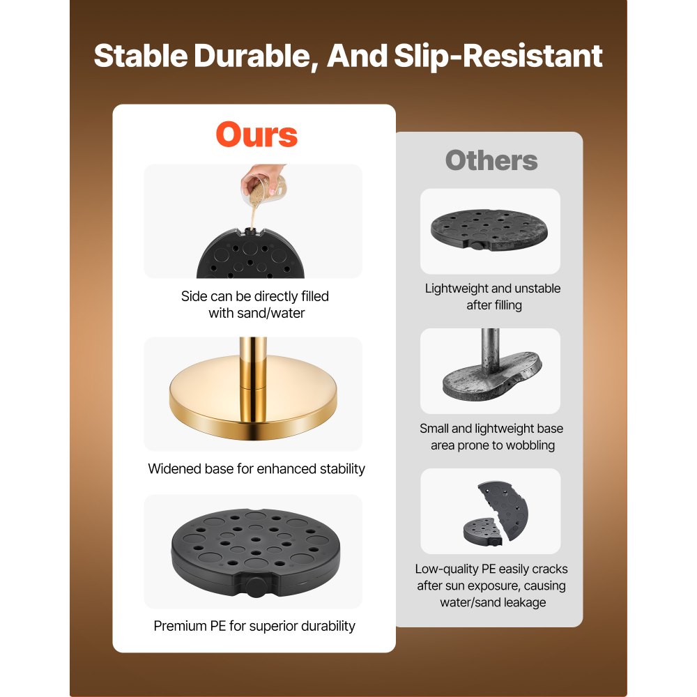 VEVOR 8-delige afzetpaalset met rode loper (10 m) en 6 rode fluwelen touwen (1,5 m), navulbare voet voor concerten, tentoonstellingen, hotels, bioscopen (Goudkleurig)