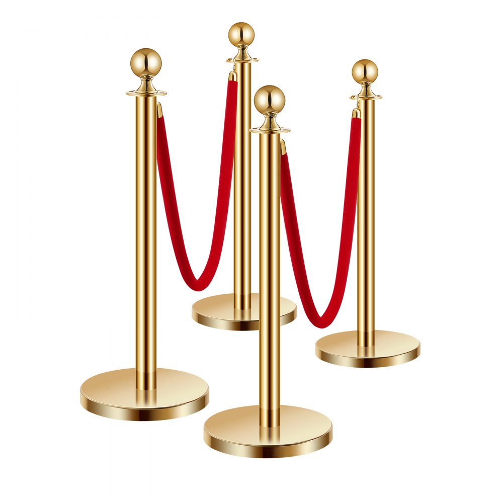 VEVOR Drijvende barrière (4 stuks) met 2 rode fluwelen touwen (1,5 m lang), roestvrijstalen drangende barrière met navulbare voet voor tentoonstellingen Goudkleurig
