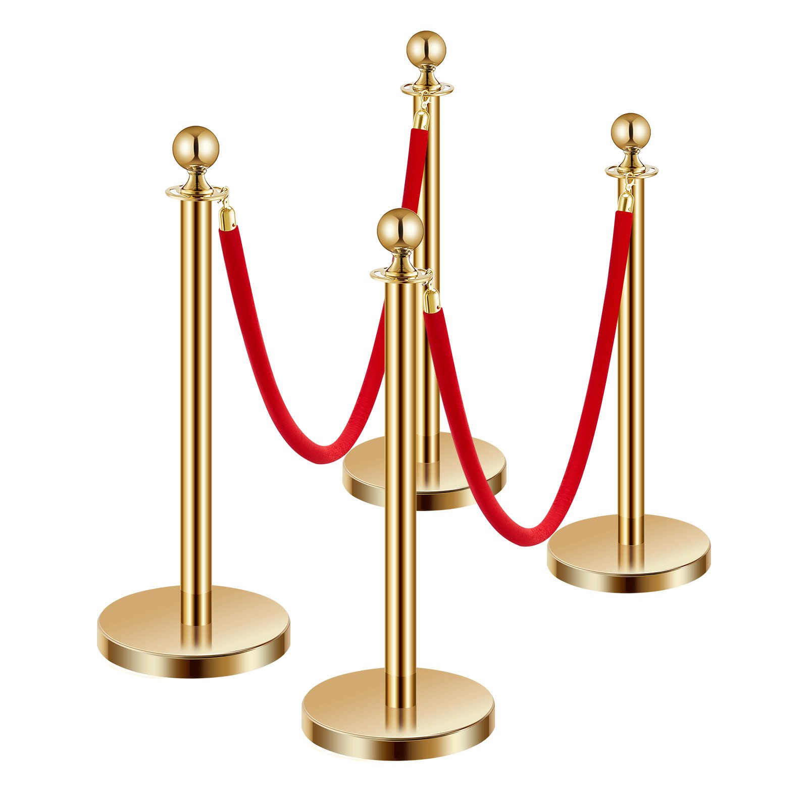 VEVOR Drijvende barrière (4 stuks) met 2 rode fluwelen touwen (1,5 m lang), roestvrijstalen drangende barrière met navulbare voet voor tentoonstellingen Goudkleurig