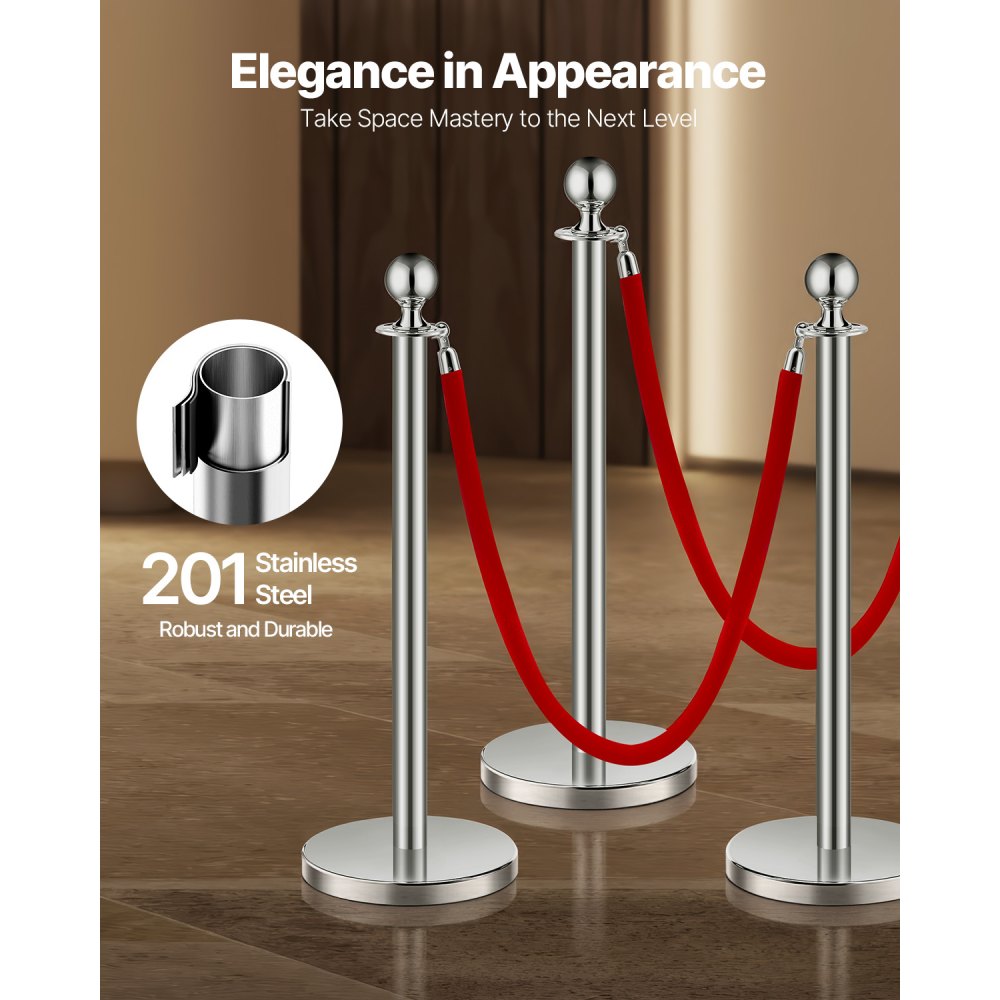 VEVOR Stanchion Post, 4 Pcs Crowd Control Barrier Set with 2 Red Velvet Ropes, 5 ft Stainless Steel Silver Stanchion Post Queue with Sand Injection Hollow Base for Theater, Party, Wedding, Exhibition