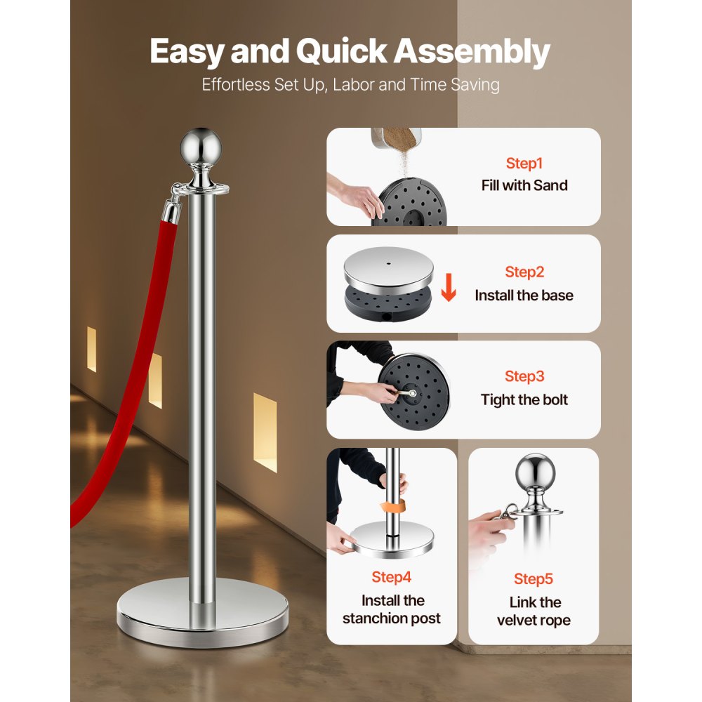 VEVOR Stanchion Post, 4 Pcs Crowd Control Barrier Set with 2 Red Velvet Ropes, 5 ft Stainless Steel Silver Stanchion Post Queue with Sand Injection Hollow Base for Theater, Party, Wedding, Exhibition