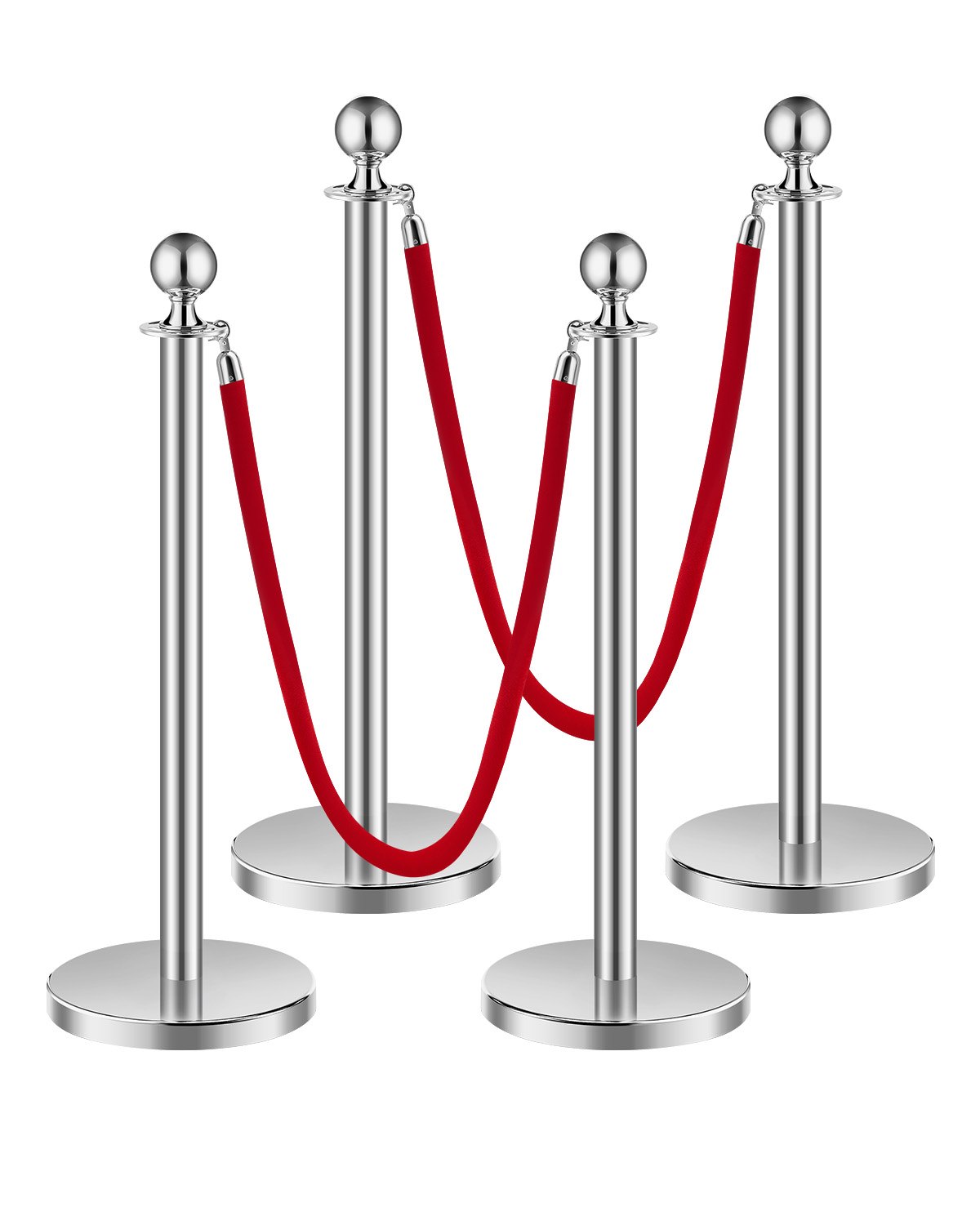 VEVOR Stanchion Post, 4 Pcs Crowd Control Barrier Set with 2 Red Velvet Ropes, 5 ft Stainless Steel Silver Stanchion Post Queue with Sand Injection Hollow Base for Theater, Party, Wedding, Exhibition