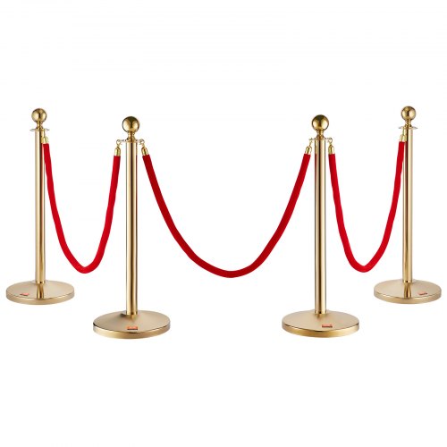 VEVOR Barrier stand with velvet rope, 4-part people guidance system with 3 pieces of 1.5 m red velvet ropes, people guidance system, barrier tape made of stainless steel with fillable base and ball attachment for weddings
