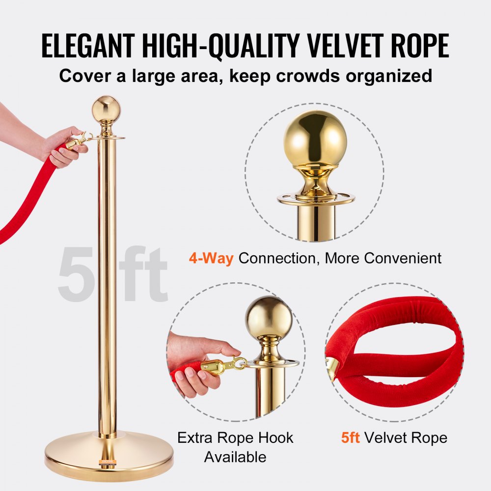 VEVOR Barrier stand with velvet rope, 4-part people guidance system with 3 pieces of 1.5 m red velvet ropes, people guidance system, barrier tape made of stainless steel with fillable base and ball attachment for weddings