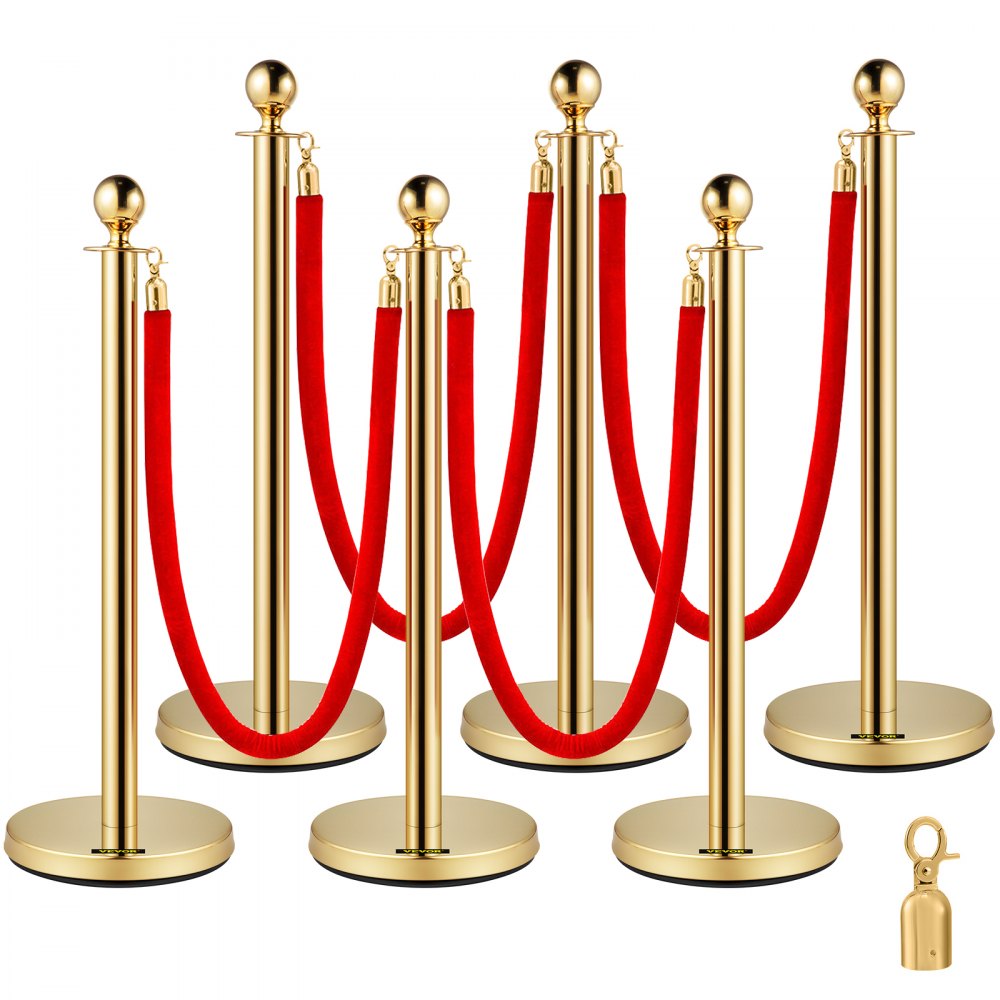 Vevor Stainless Steel Stanchion Post Queue 6PCS Pole w/ 4 Red Velvet Ropes, Crowd Control Barriers w/Fillable Base for for crowd control in theaters, hotels, casinos, red carpet events, ticket offices, and more,(6 Pieces, Silver)