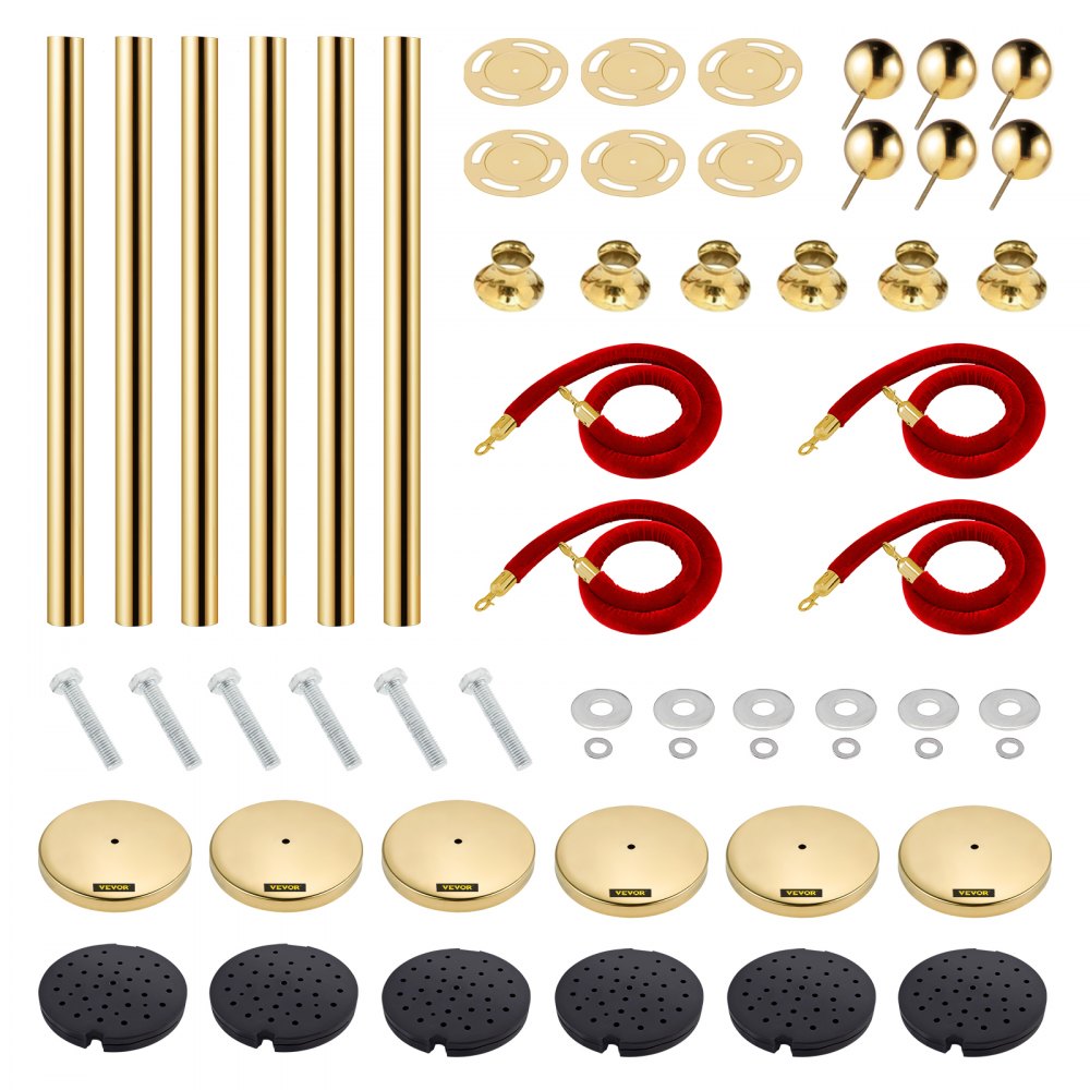 VEVOR Stanchion Post with Velvet Rope, 6-Pack Crowd Control Stanchion with 4PCS 5FT Red Velvet Ropes, Stainless Steel Queue Barrier Line Divider with Ball Top for Events, Museums, Parties