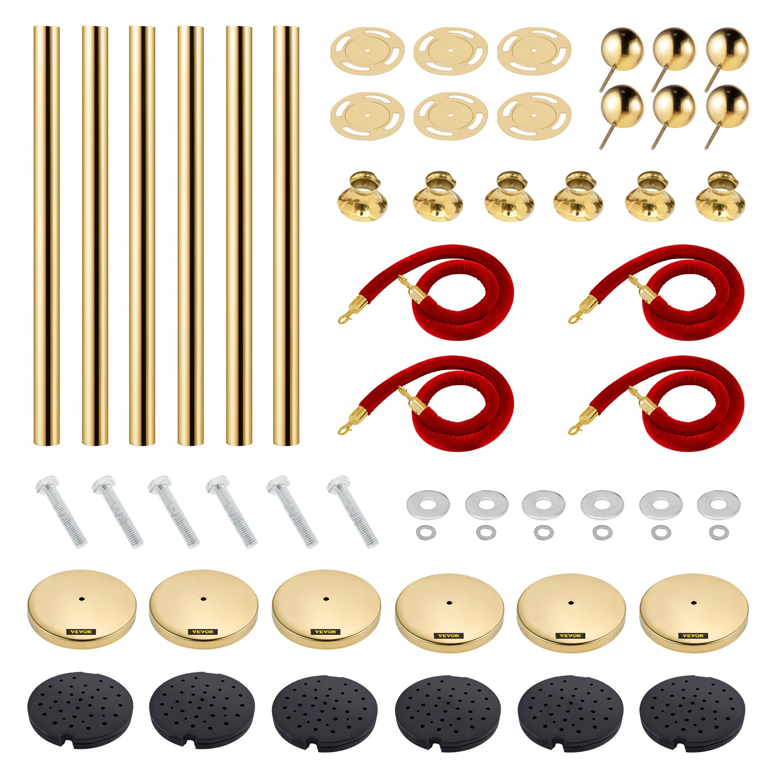 VEVOR Stanchion Post with Velvet Rope, 6-Pack Crowd Control Stanchion with 4PCS 5FT Red Velvet Ropes, Stainless Steel Queue Barrier Line Divider with Ball Top for Events, Museums, Parties