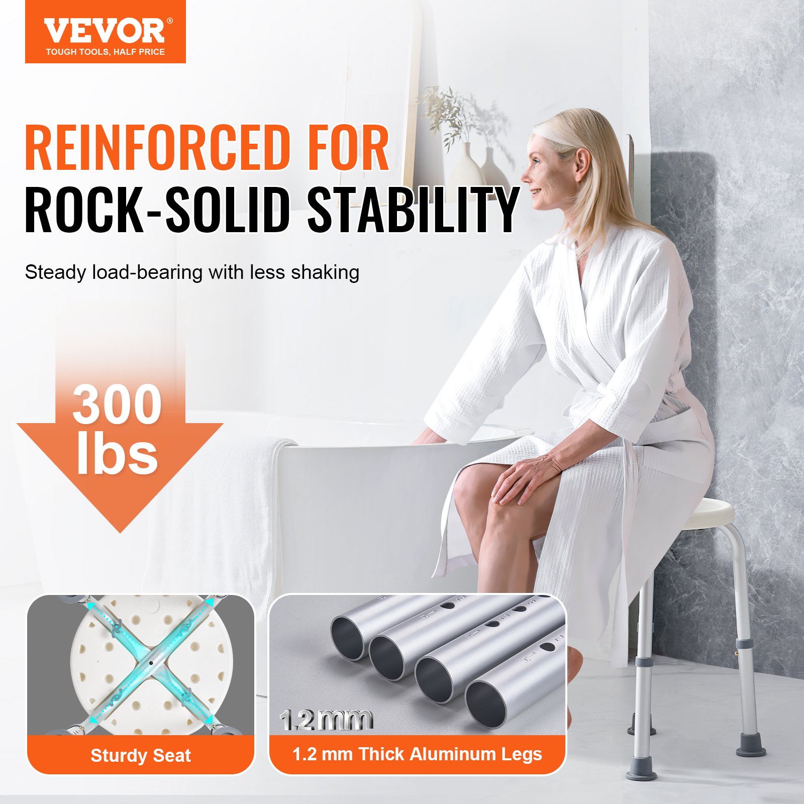 VEVOR Shower Chair for Inside Shower, Adjustable Height Shower Stool, Non-Slip Bench Bathtub Seat Stool for Elderly Disabled Adults Handicap, 136.1 kg Capacity