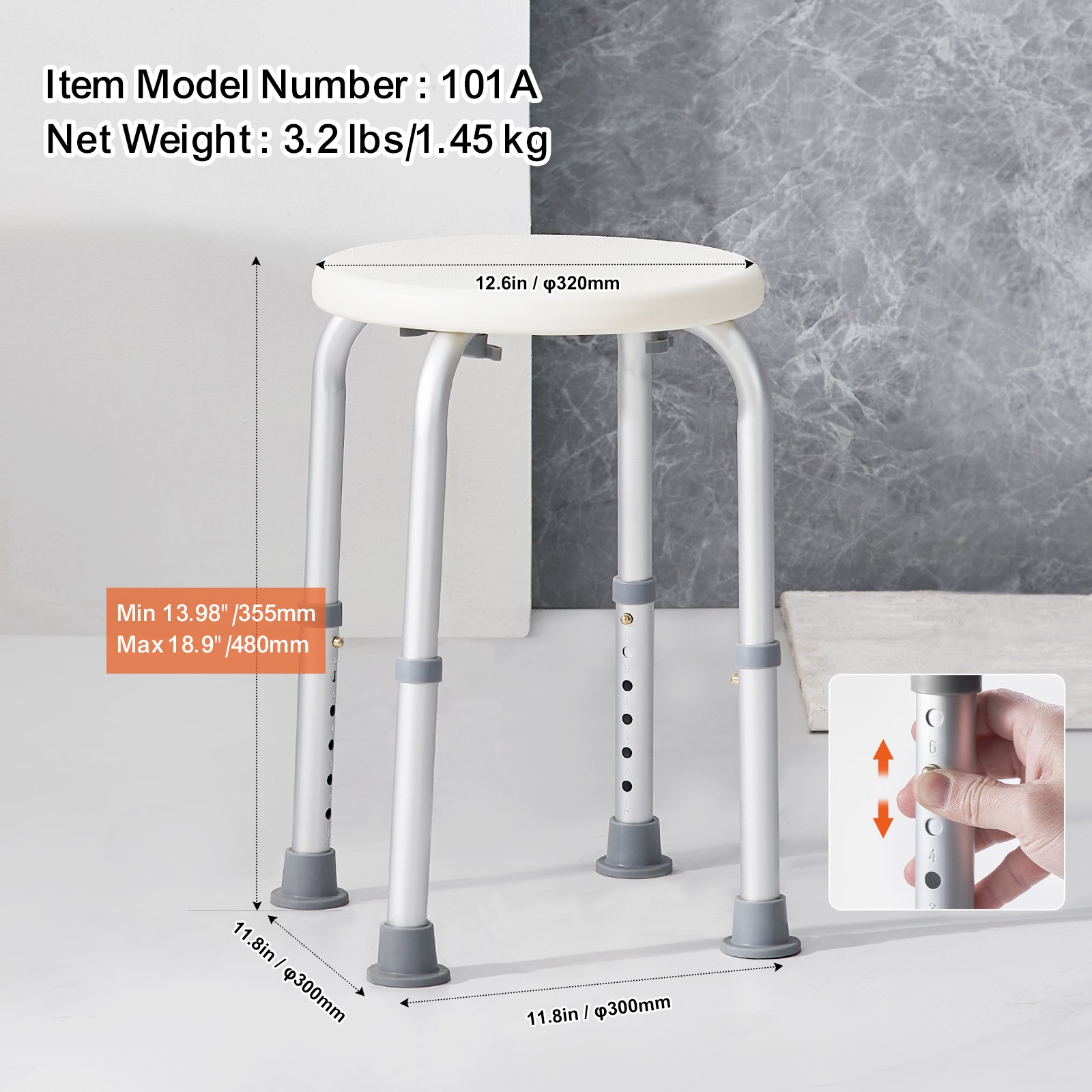 VEVOR Douchekruk Douchestoel 355-480 mm Hoogte Verstelbaar, Badkruk Badzitje 136,1 kg Draagvermogen, Stabiele Douchekruk Douchehulp Badkuipen Aluminiumlegering Frame, Douchezitje Badkruk Wit