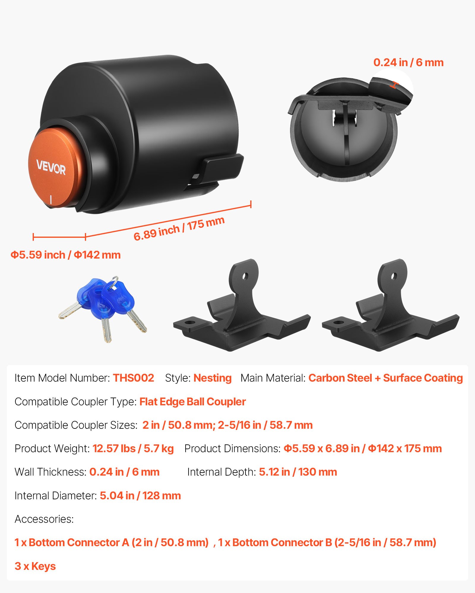 VEVOR aanhangwagenslot, compatibel met 50,8 mm en 58,7 mm platte kogelkoppelingen, antidiefstalslot met 3 sleutels, hoogbeveiligd slot voor campers, aanhangwagens en boten