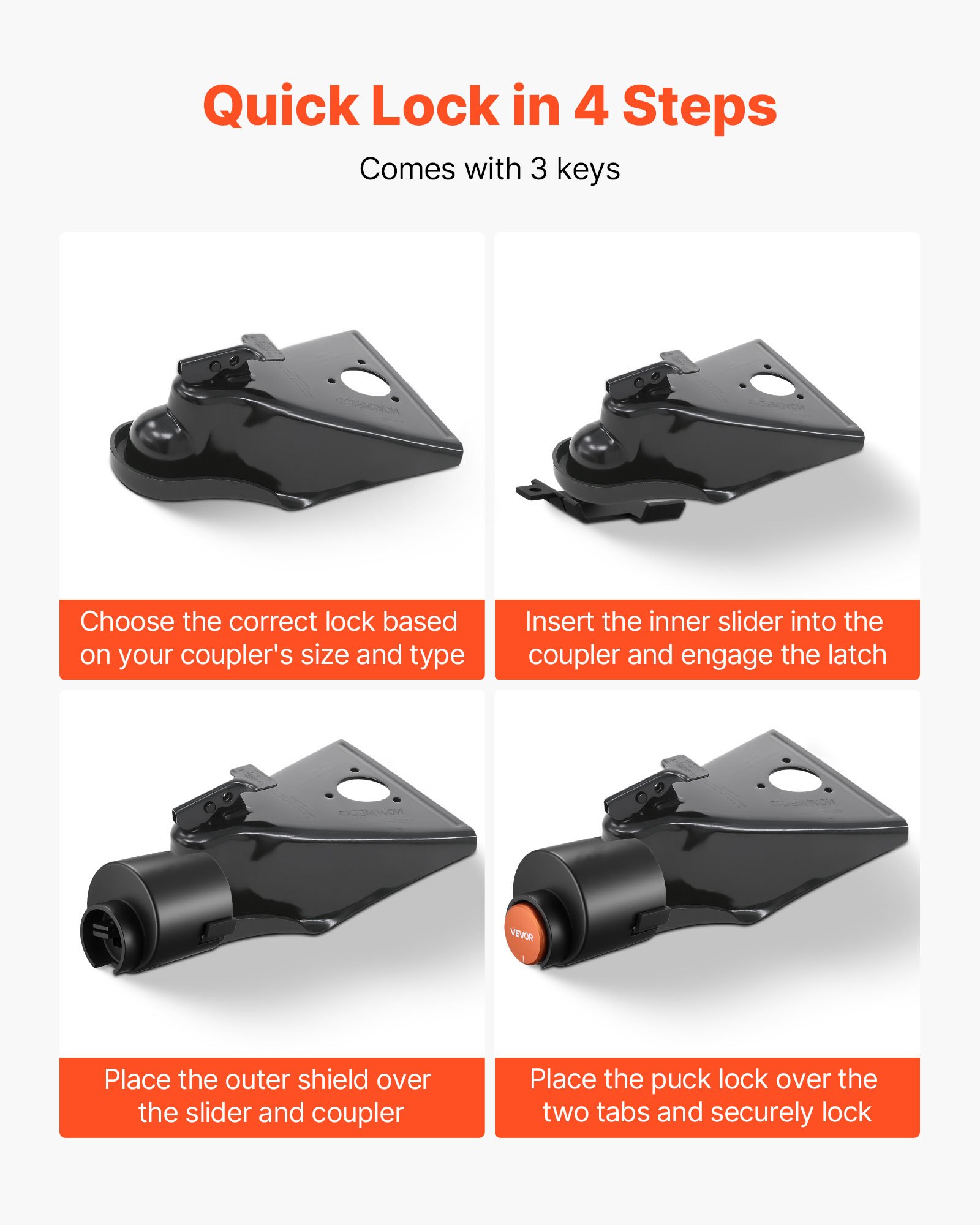 VEVOR Trailer Lock, Fits 2-5/16-Inch Airstream Couplers, Heavy Duty Hitch Lock with 3 Keys Secures Security Chains, Rust-resistant, Anti-Theft Trailer Tongue Locks for RV, Trailer, and Boat