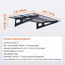 VEVOR set van 2 garageplanken 1220 x 620 x 200 mm gereedschapsopslag 113,4 per laag gereedschapshouder muur 122 x 61 cm plankruimte opbergplanken metalen plank gereedschapsorganizer wandplanken