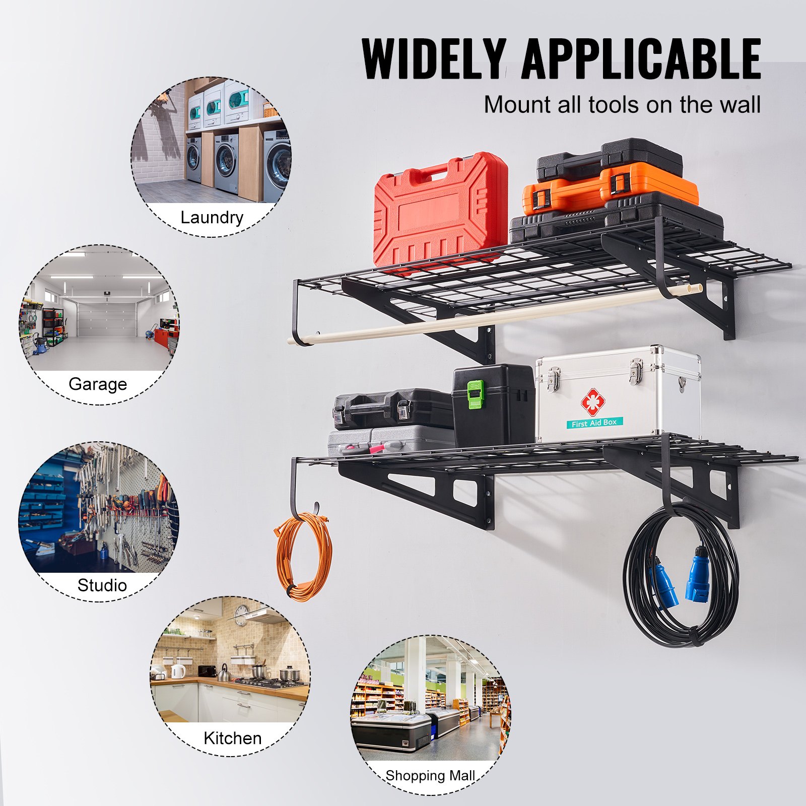 VEVOR Set van 2 garage-planken 1220 x 620 x 200 mm Gereedschapsopslag 113,4 per laag Gereedschapshouder Muur 122 x 61 cm Plankruimte Opbergplanken Metalen plank Gereedschapsorganizer Wandplanken