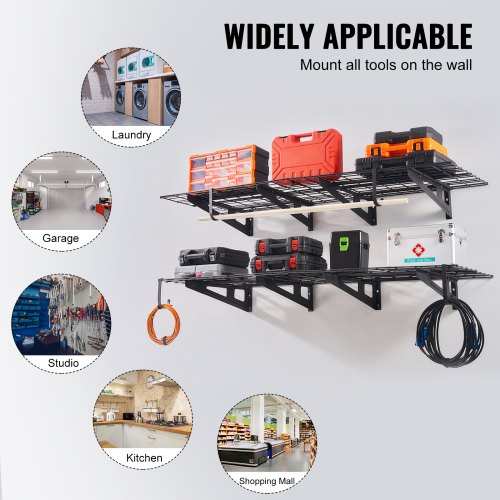 Zwaar Belastbaar Garage Rek ThreeHio Garageplank Aan De Muur Gemonteerd Met Draadmanden, Zware Tuingereedschap Organizer Zwaar Belastbaar Garage Rek ThreeHio Garageplank Aan De Muur Gemonteerd Met Draadmanden, Zware Tuingereedschap Organizer