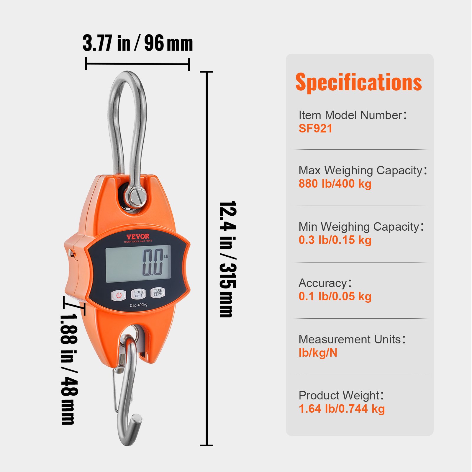 VEVOR Digital Crane Scale, 880 lbs/400 kg, Industrial Heavy Duty Hanging Scale with Cast Aluminum Case & LCD Screen, Handheld Mini Crane with Hooks for Farm, Hunting, Fishing, Outdoor, Garage (Orange)