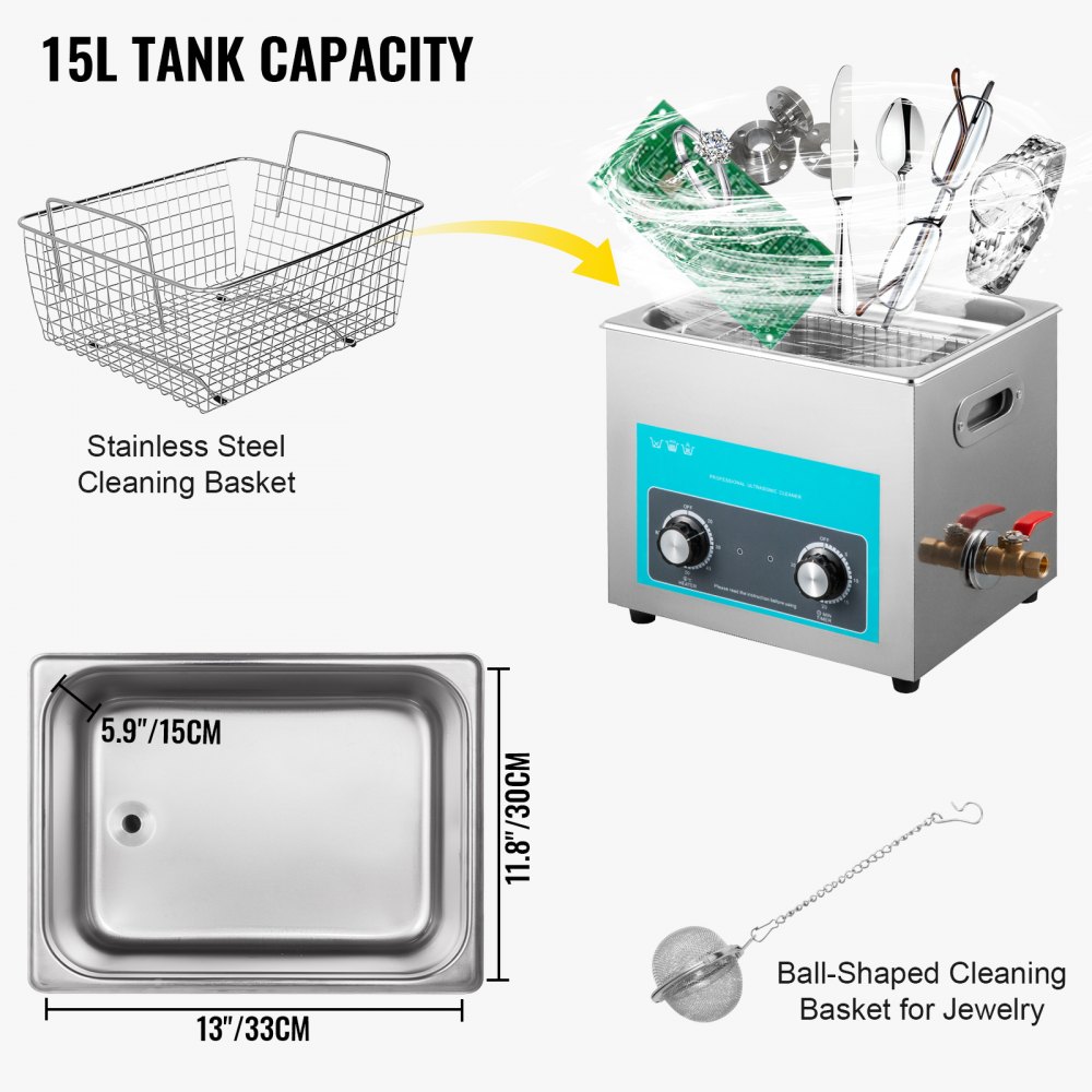 VEVOR Knopbediening Ultrasoon Reiniger 15L, Ultrasoon Reinigingsapparaat met Verwarming, Sieradenreiniger Ultrasoon 230V, Digitale Ultrasoon Reiniger 400W Ultrasoon Reinigingsapparaat 40kHz