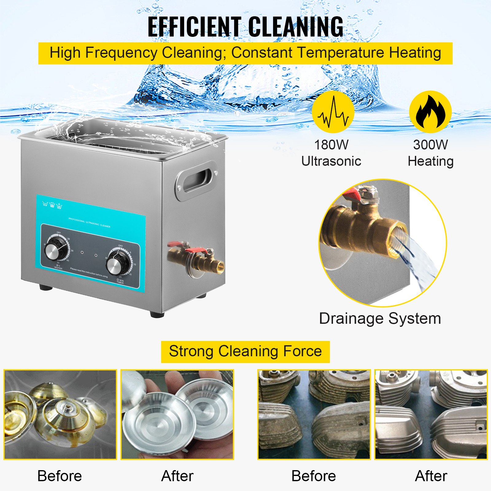 VEVOR Knob Control Ultrasoon Reiniger 6.5L, Ultrasoon Reinigingsapparaat 220V, Ultrasoon Reiniger met Verwarming, Sieradenreiniger Ultrasoon 40 kHz, Digitale Ultrasoon Reiniger 300W