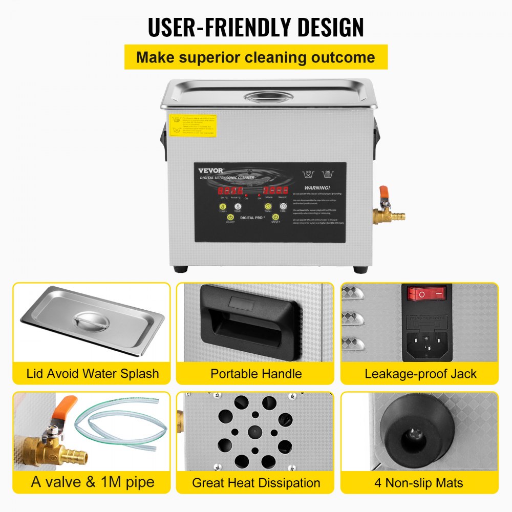 VEVOR 6L Verbeterde ultrasone reiniger (200W verwarming, 180W ultrageluid) Professionele digitale ultrasone onderdelenreiniger voor laboratoria met verwarmingstimer voor het reinigen van sieraden en brillen