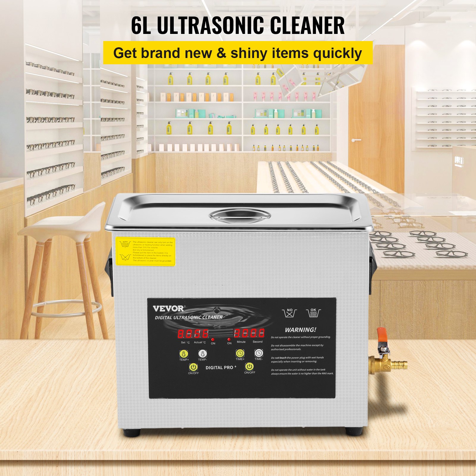 VEVOR 6L Verbeterde ultrasone reiniger (200W verwarming, 180W ultrageluid) Professionele digitale ultrasone onderdelenreiniger voor laboratoria met verwarmingstimer voor het reinigen van sieraden en brillen