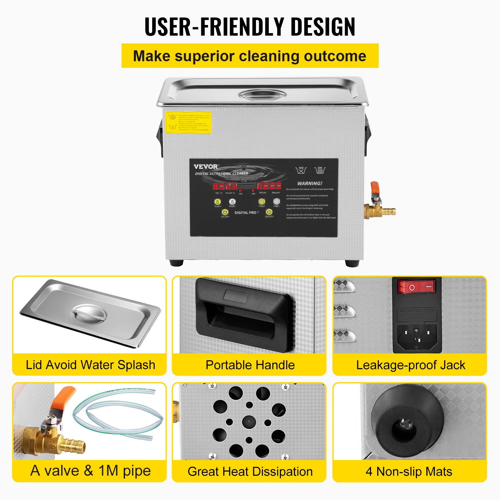 VEVOR 6L Verbeterde ultrasone reiniger (200W verwarming, 180W ultrageluid) Professionele digitale ultrasone onderdelenreiniger voor laboratoria met verwarmingstimer voor het reinigen van sieraden en brillen