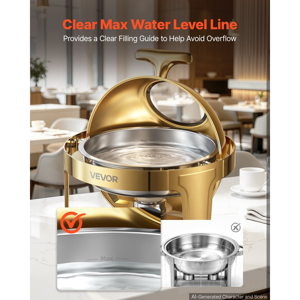 VEVOR Chafing Dish, 1 stuk, 5,7 liter, roestvrij staal, warmhoudschaal voor buffetten, bruiloften, feesten en banketten, ronde roldeksel voor eenvoudig bijvullen, inclusief serveertang, voedselcontainer en waterbakje.