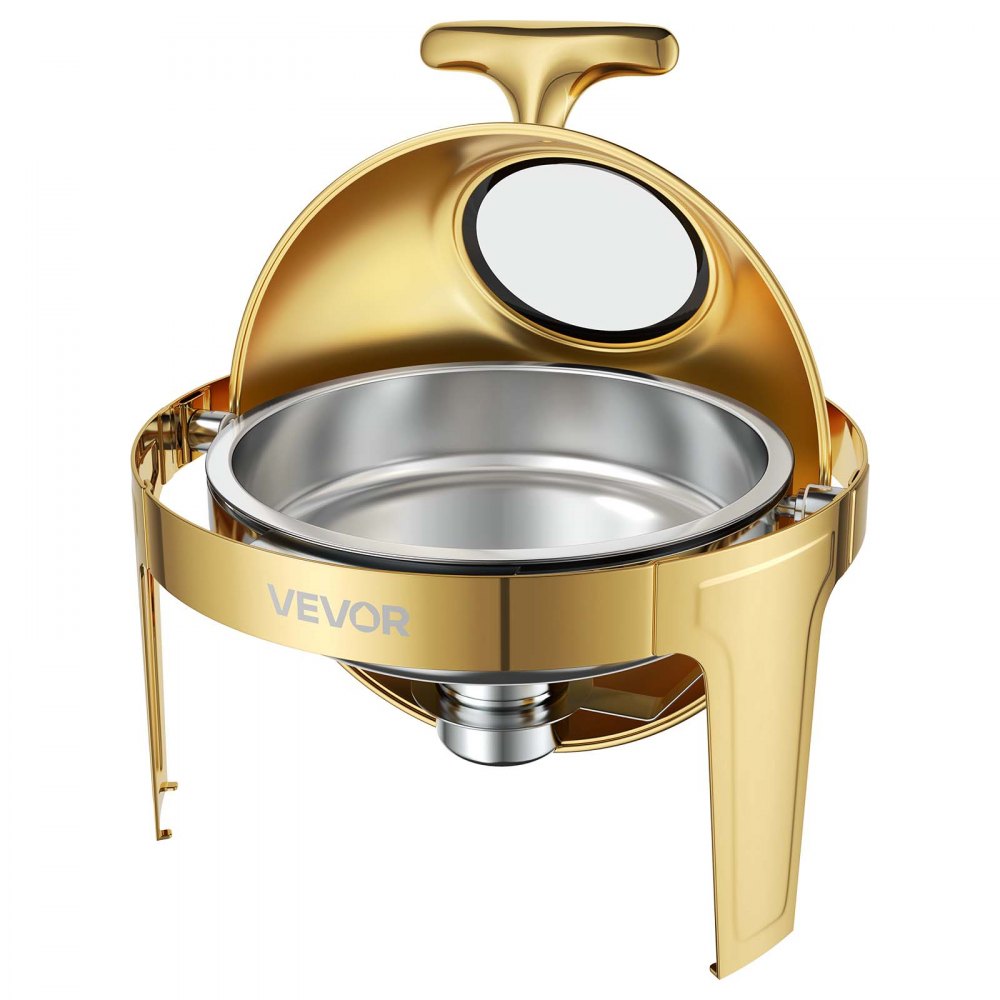 VEVOR Chafing Dish, 1 stuk, 5,7 liter, roestvrij staal, warmhoudschaal voor buffetten, bruiloften, feesten en banketten, ronde roldeksel voor eenvoudig bijvullen, inclusief serveertang, voedselcontainer en waterbakje.
