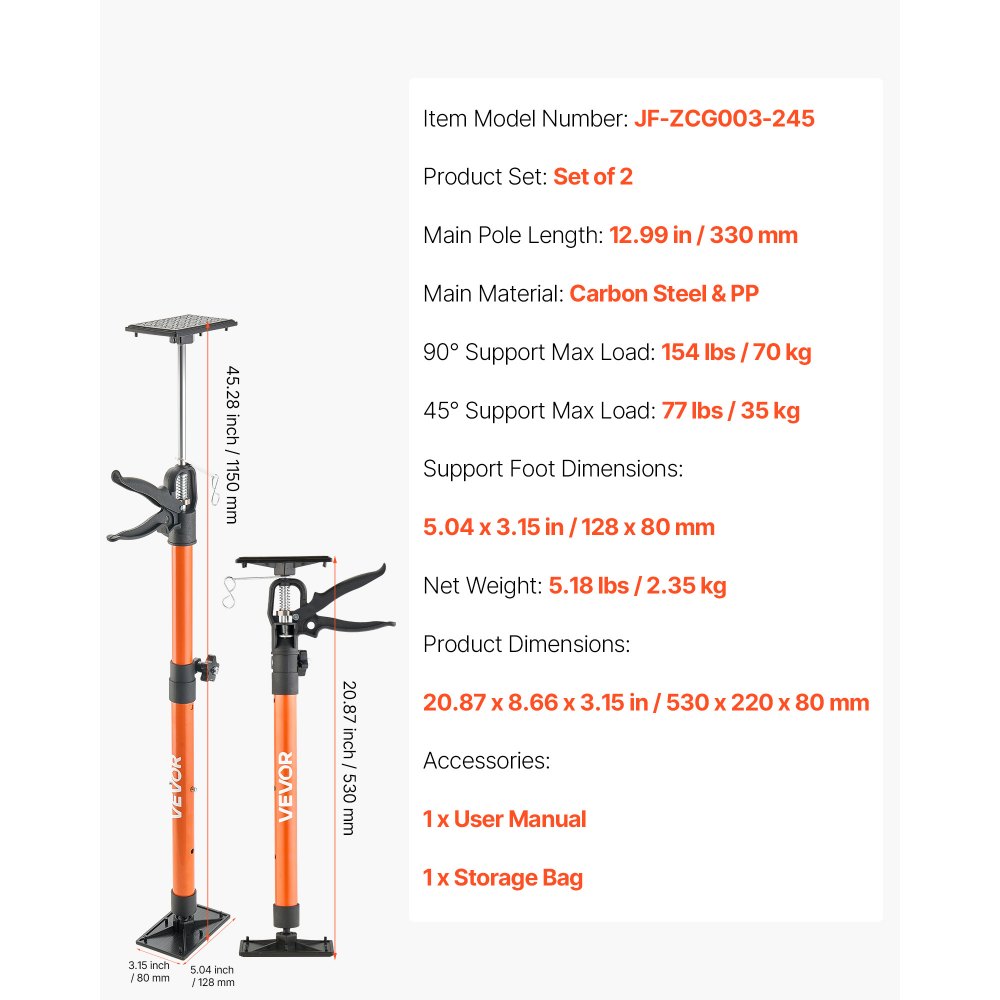 VEVOR Cabinet Jack Support Pole, 2-Pack, 54-155 cm Steel Telescopic Quick Support Rod, Adjustable 3rd Hand System up to 70 kg Capacity for Installing Cabinets, Lifting Drywall, Cargo Bars