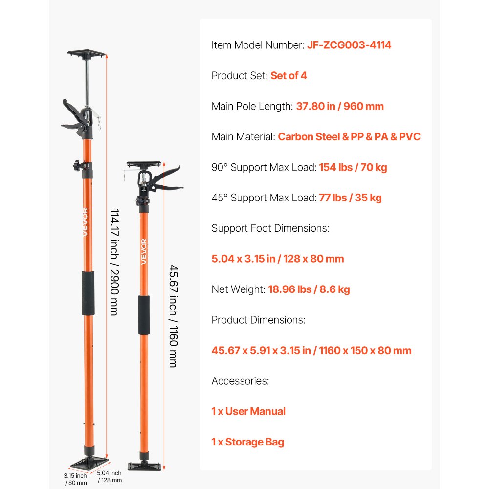 VEVOR Eenhandige steun, 4 stuks, plafondsteun 116–290 cm, telescopische stalen steun, montagesteun met een draagvermogen tot 70 kg voor het installeren van kasten, het tillen van gipsplaten en het gebruik van laadstangen.