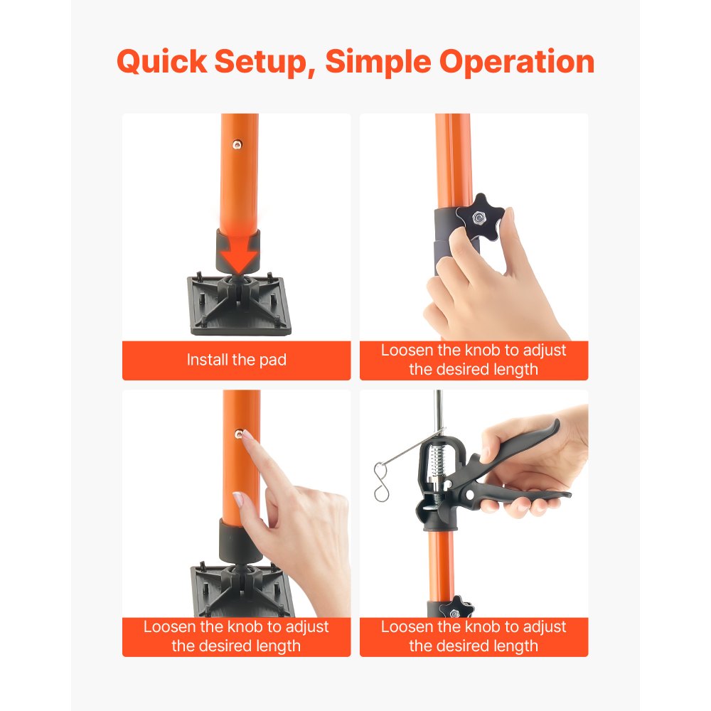 VEVOR Eenhandige steun, 8 stuks, plafondsteun 116–290 cm, telescopische stalen steun, montagesteun met een draagvermogen tot 70 kg voor het installeren van kasten, het tillen van gipsplaten en het gebruik van laadstangen.