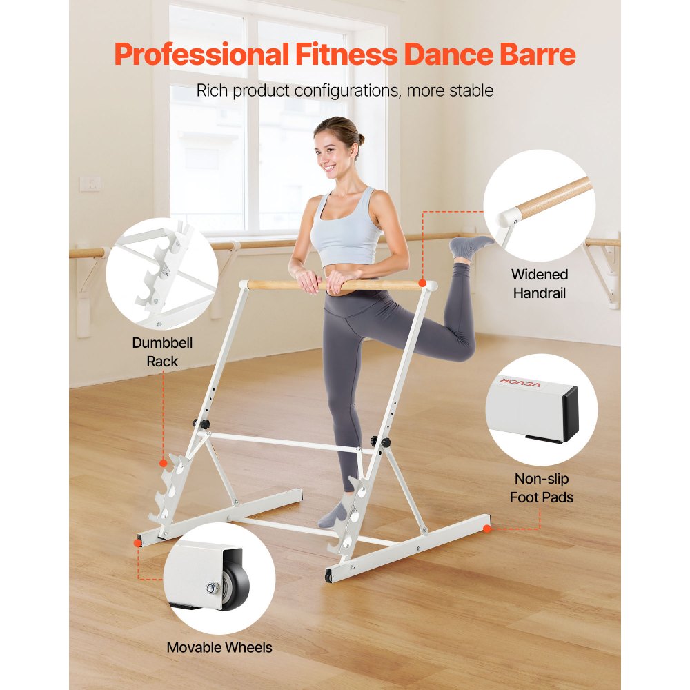 VEVOR Ballet Barre, Dansbarre, In hoogte verstelbaar (4 standen / 812,8-965,2 mm) Houten stretchbarre voor balletoefeningen, balanstraining, ontspanningsoefeningen en yoga.