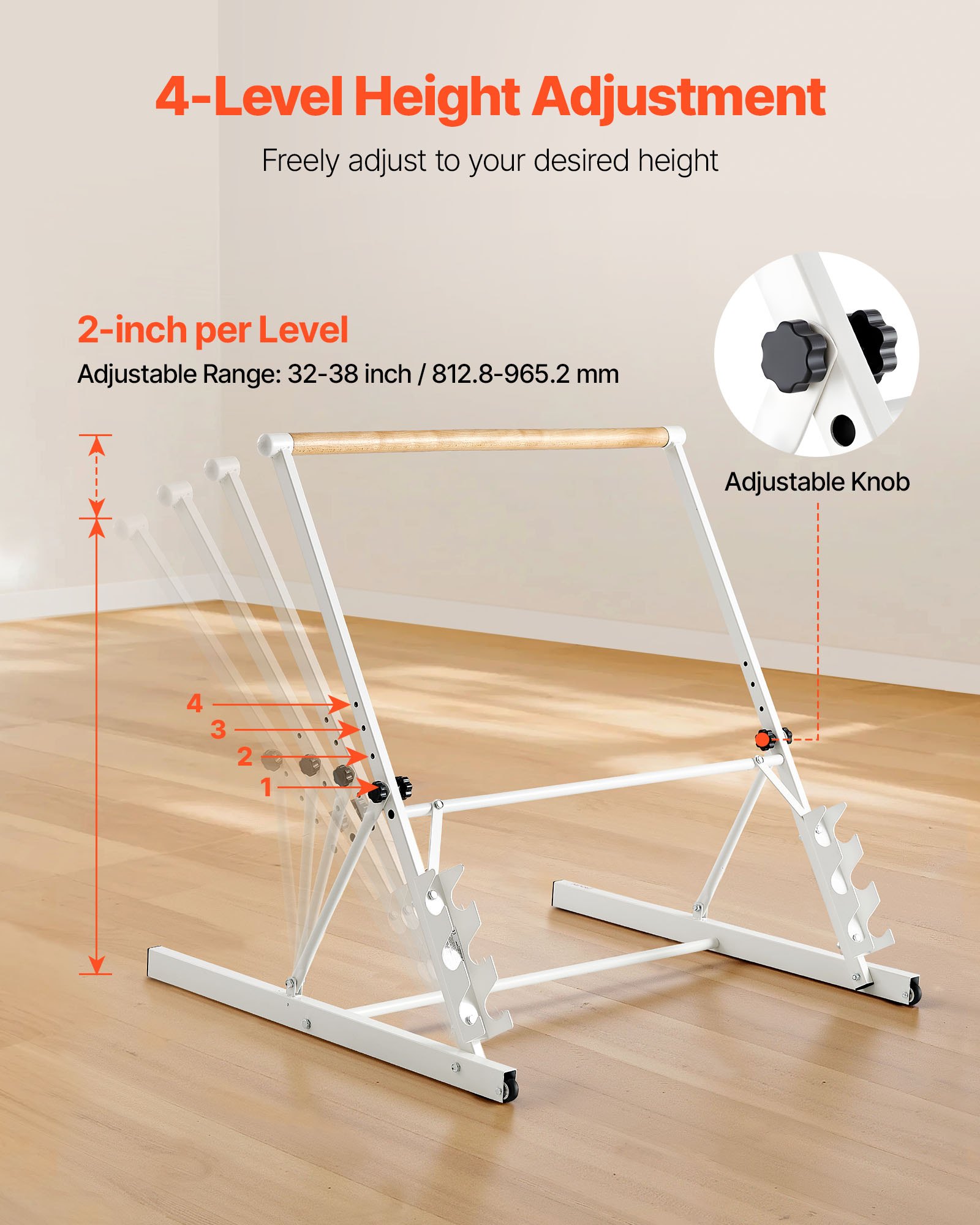 VEVOR Ballet Barre, Freestanding Portable Barre Bar, Home Fitness Exercise Equipment for Abs, Arms, Strength, and Cardio, Easy to Store Foldable Stretching Dance Bars, 4 Level Height Adjustable