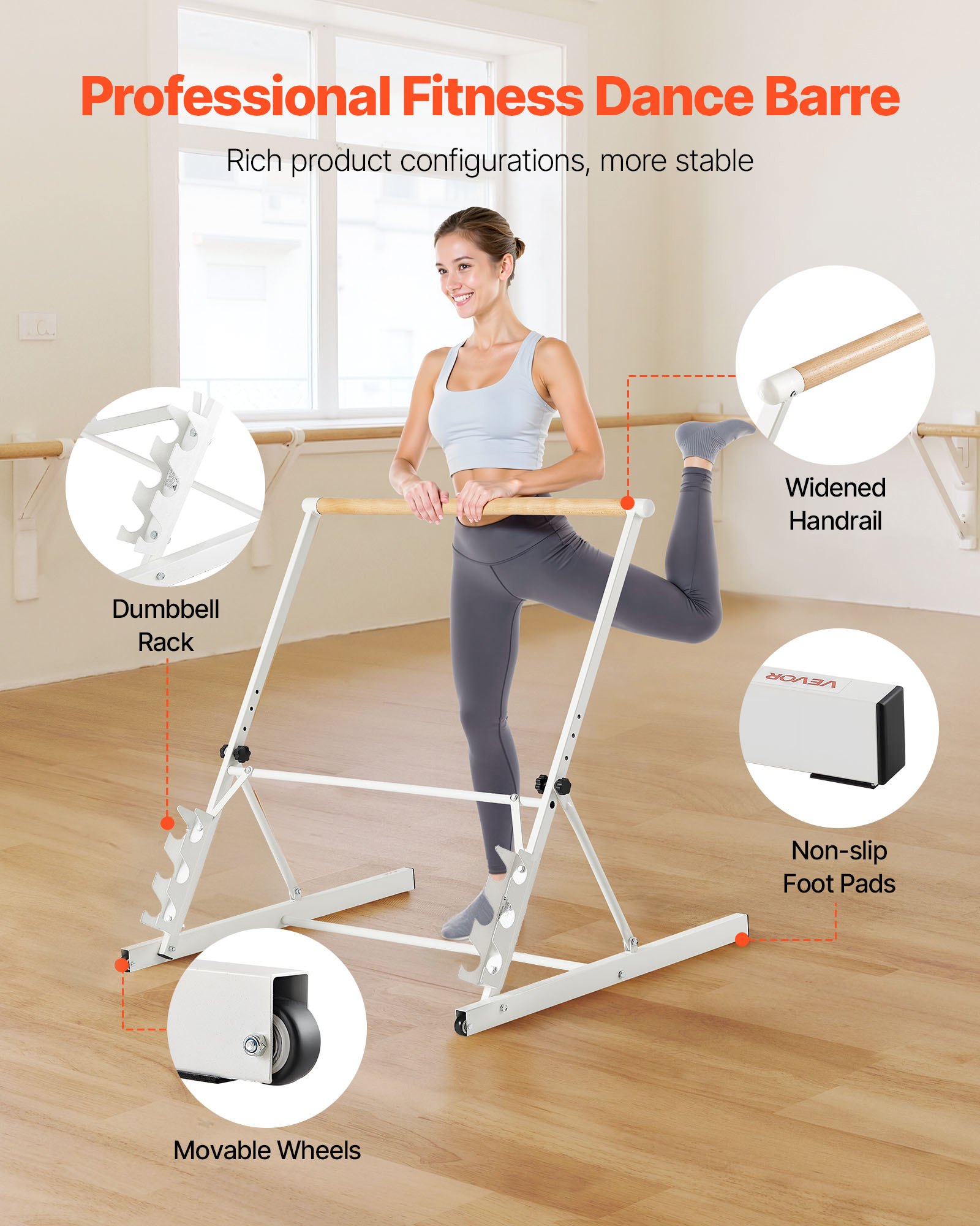VEVOR Ballet Barre, Dansbarre, In hoogte verstelbaar (4 standen / 812,8-965,2 mm) Houten stretchbarre voor balletoefeningen, balanstraining, ontspanningsoefeningen en yoga.